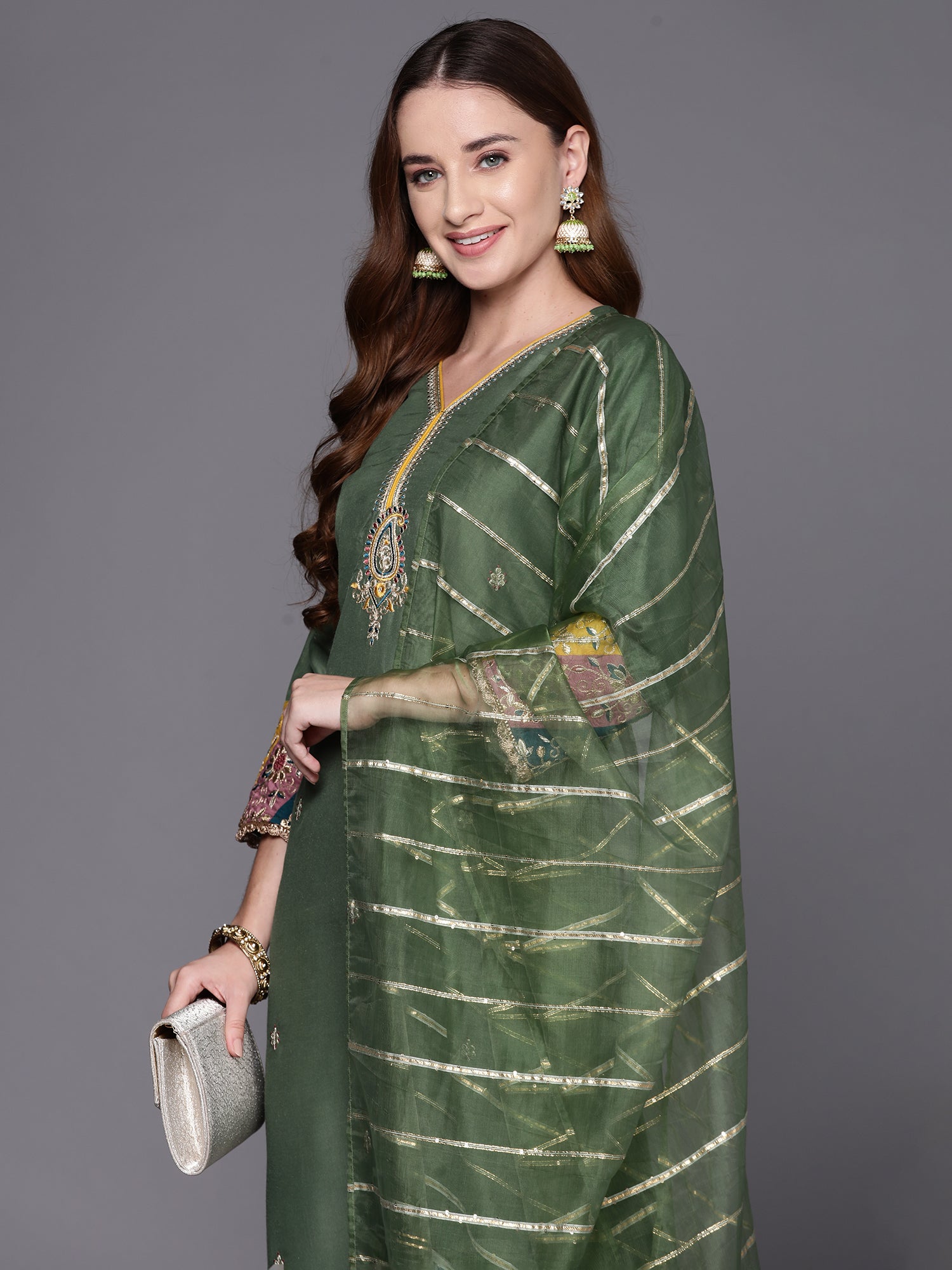 Green Embroidered Straight Kurta Trousers With Dupatta Set