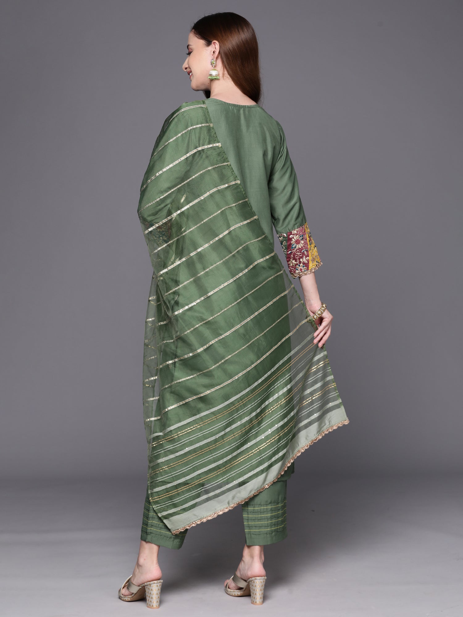 Green Embroidered Straight Kurta Trousers With Dupatta Set