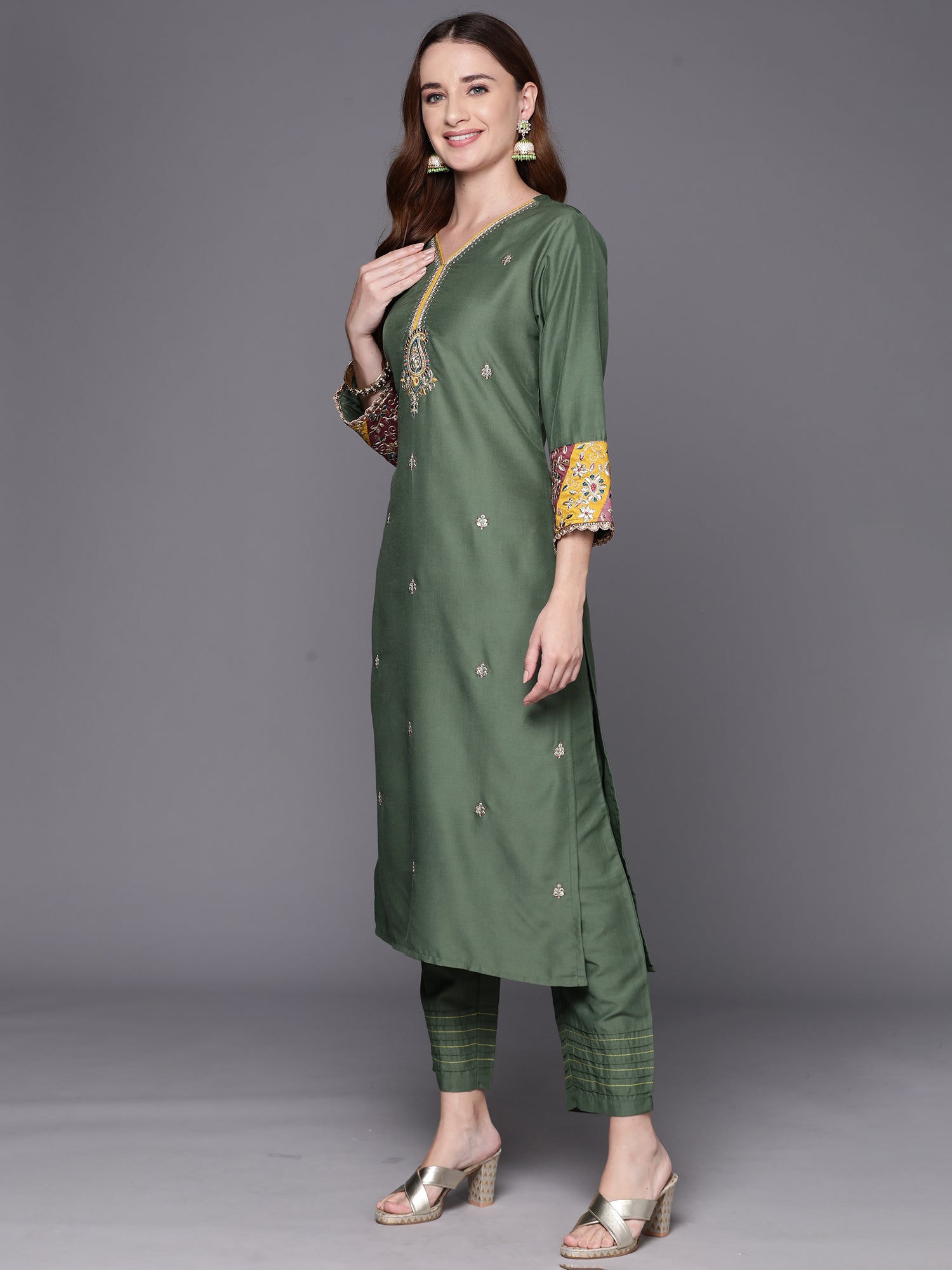 Green Embroidered Straight Kurta Trousers With Dupatta Set