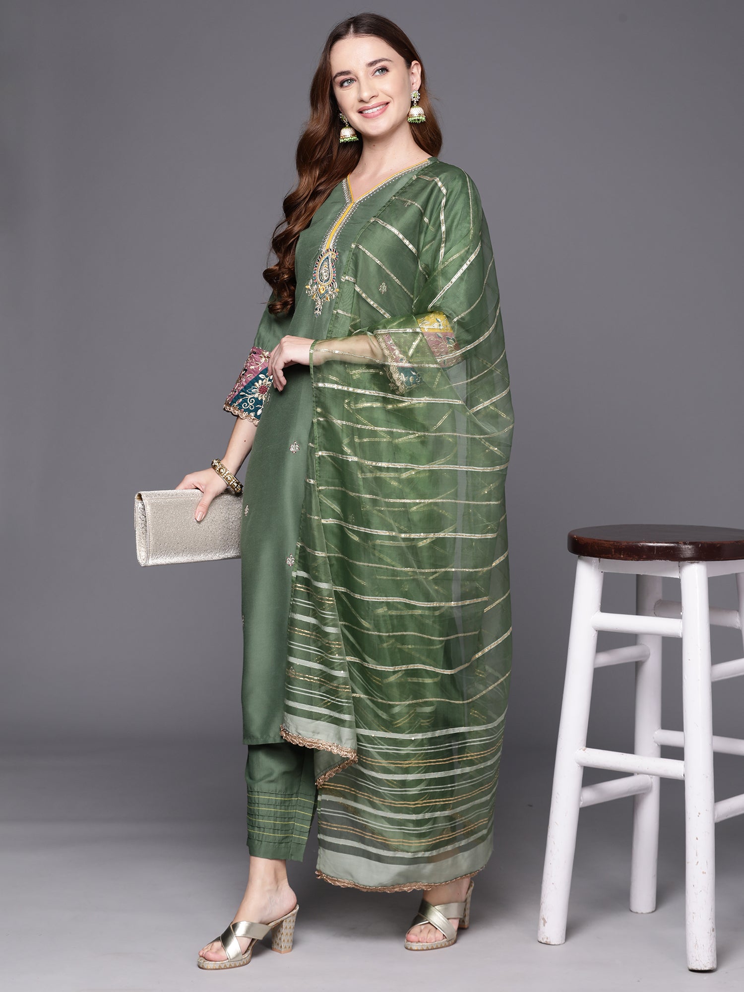 Green Embroidered Straight Kurta Trousers With Dupatta Set