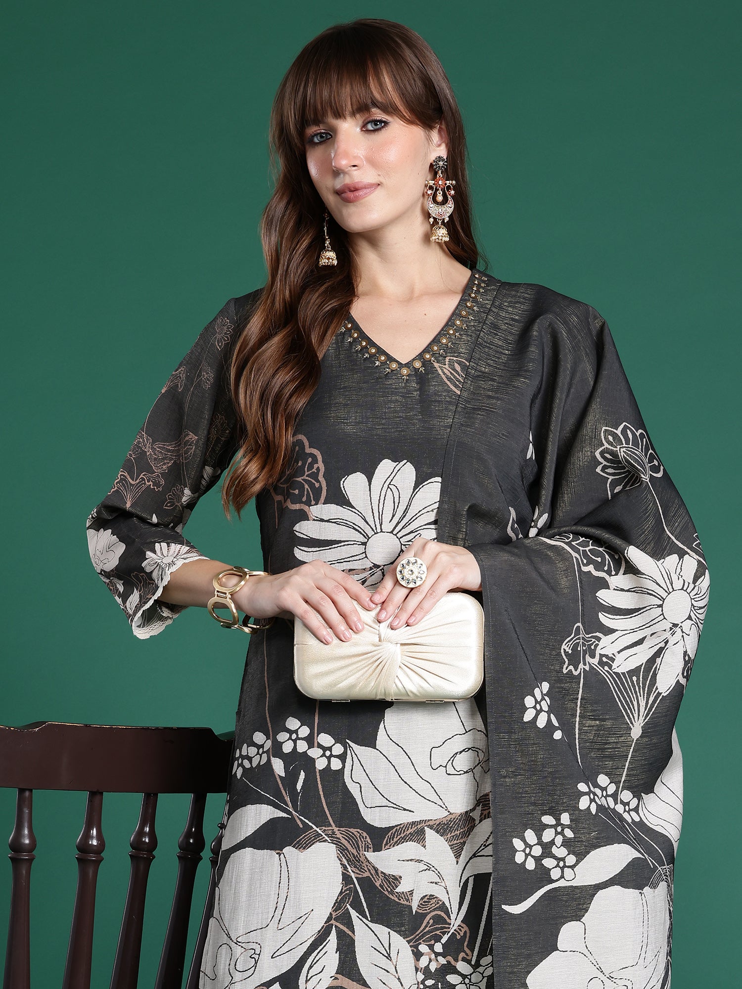 Indo era Grey Printed Straight Kurta Trousers With Dupatta Set- IE