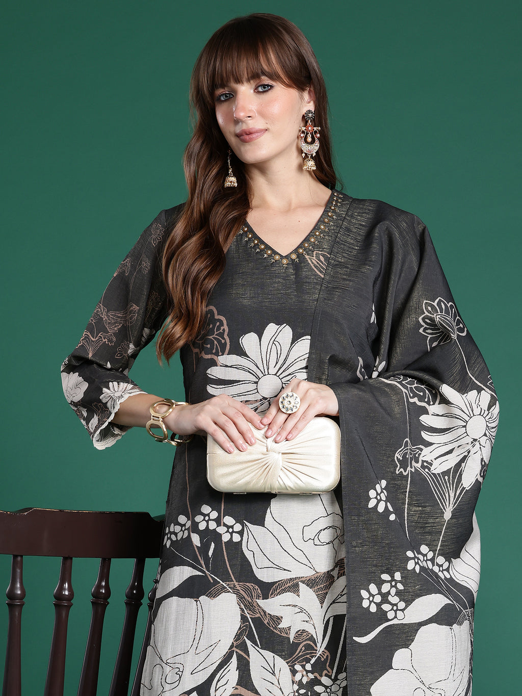 Indo era Grey Printed Straight Kurta Trousers With Dupatta Set- IE