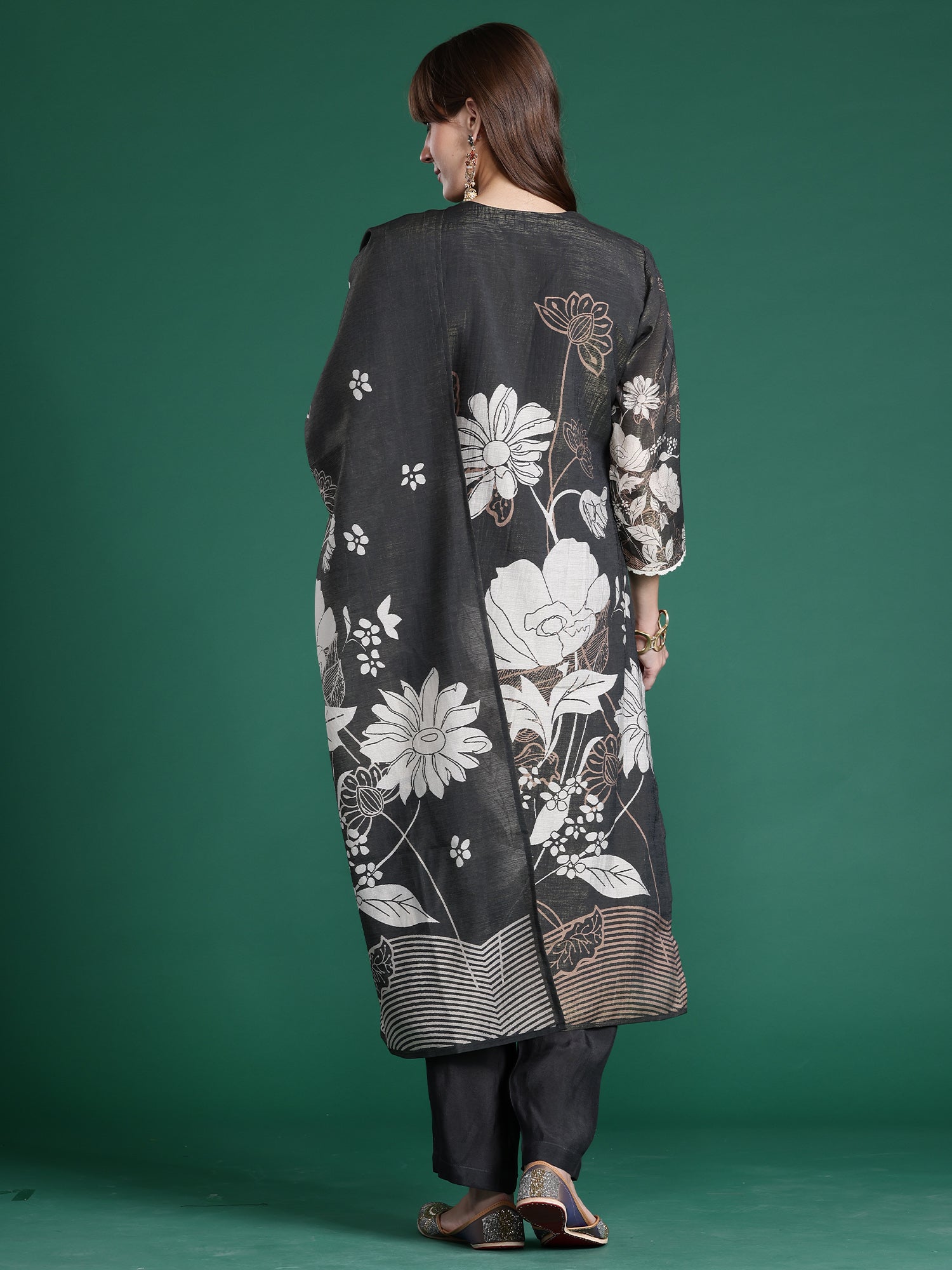 Indo era Grey Printed Straight Kurta Trousers With Dupatta Set- IE