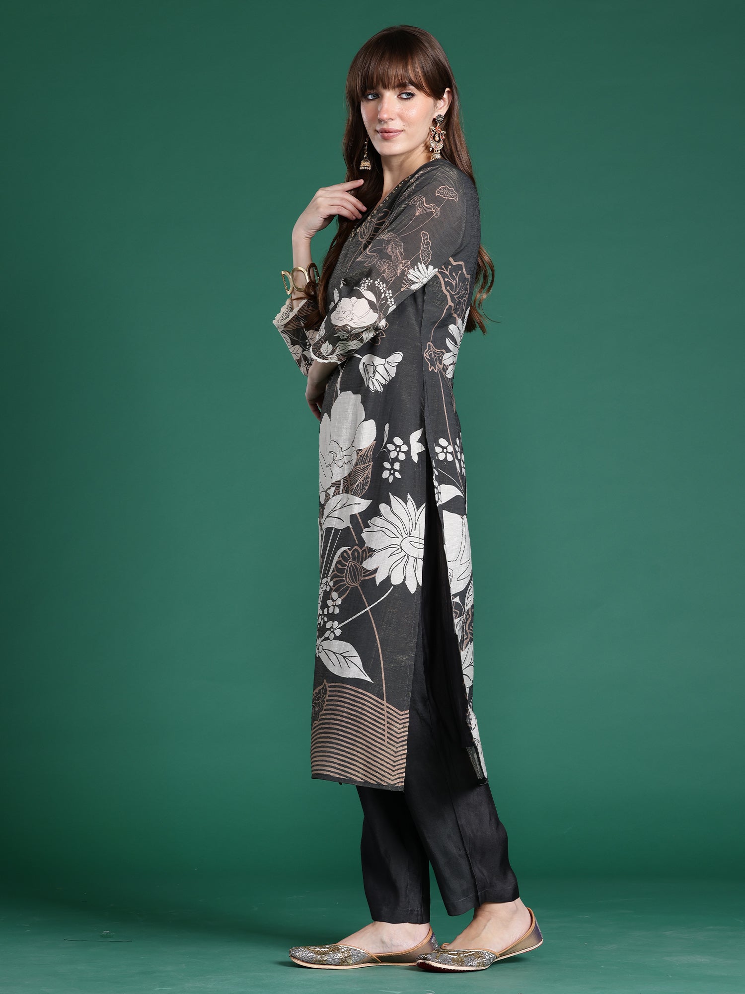 Indo era Grey Printed Straight Kurta Trousers With Dupatta Set- IE