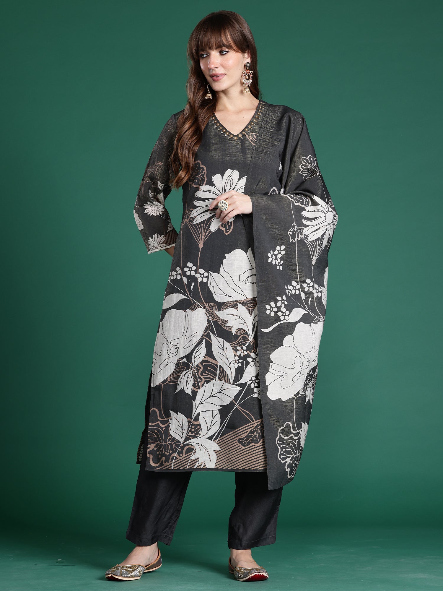 Indo era Grey Printed Straight Kurta Trousers With Dupatta Set- IE