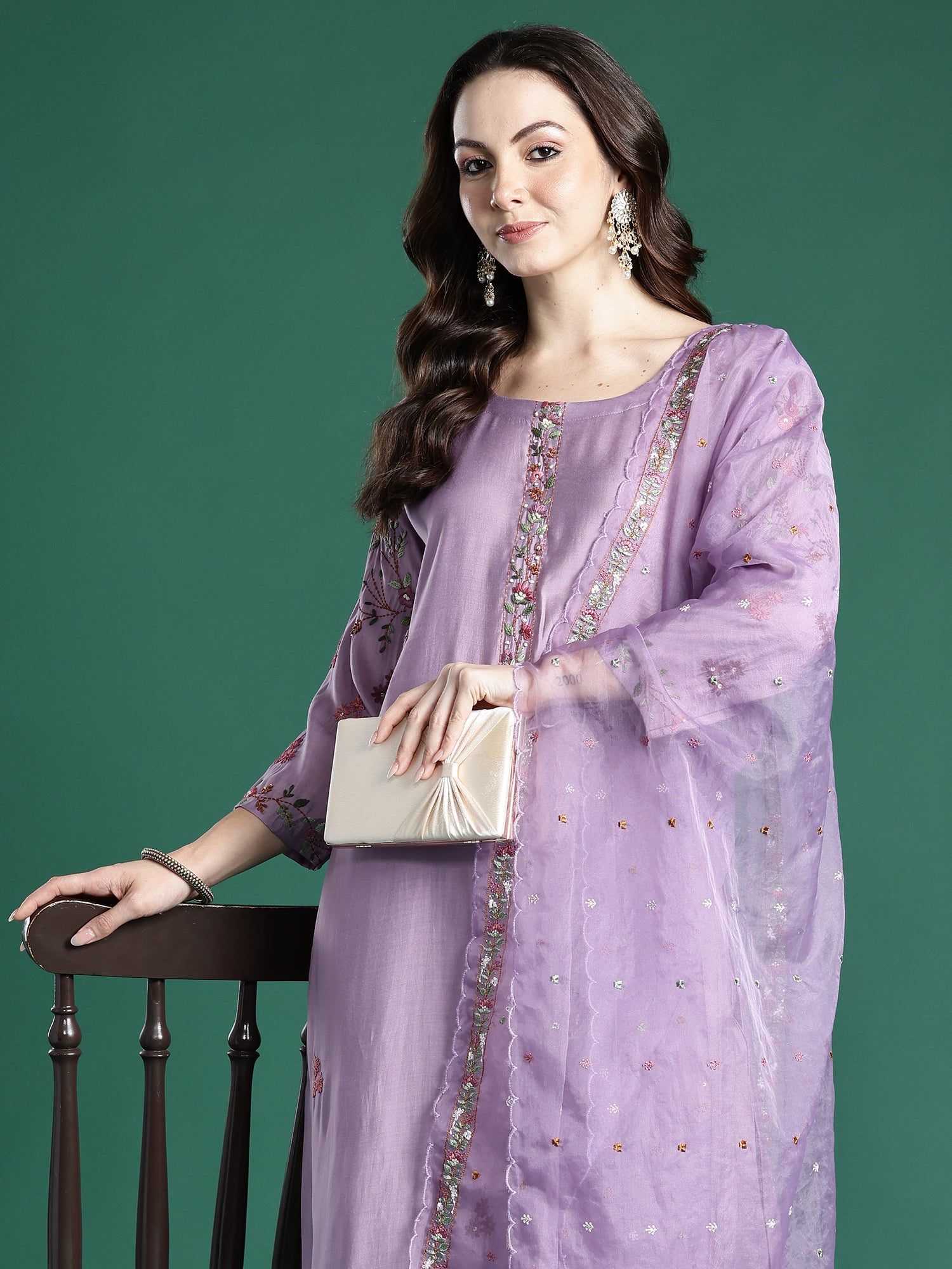 Indo era Lavender Embroidered Straight Kurta Trousers With Dupatta Set- IE