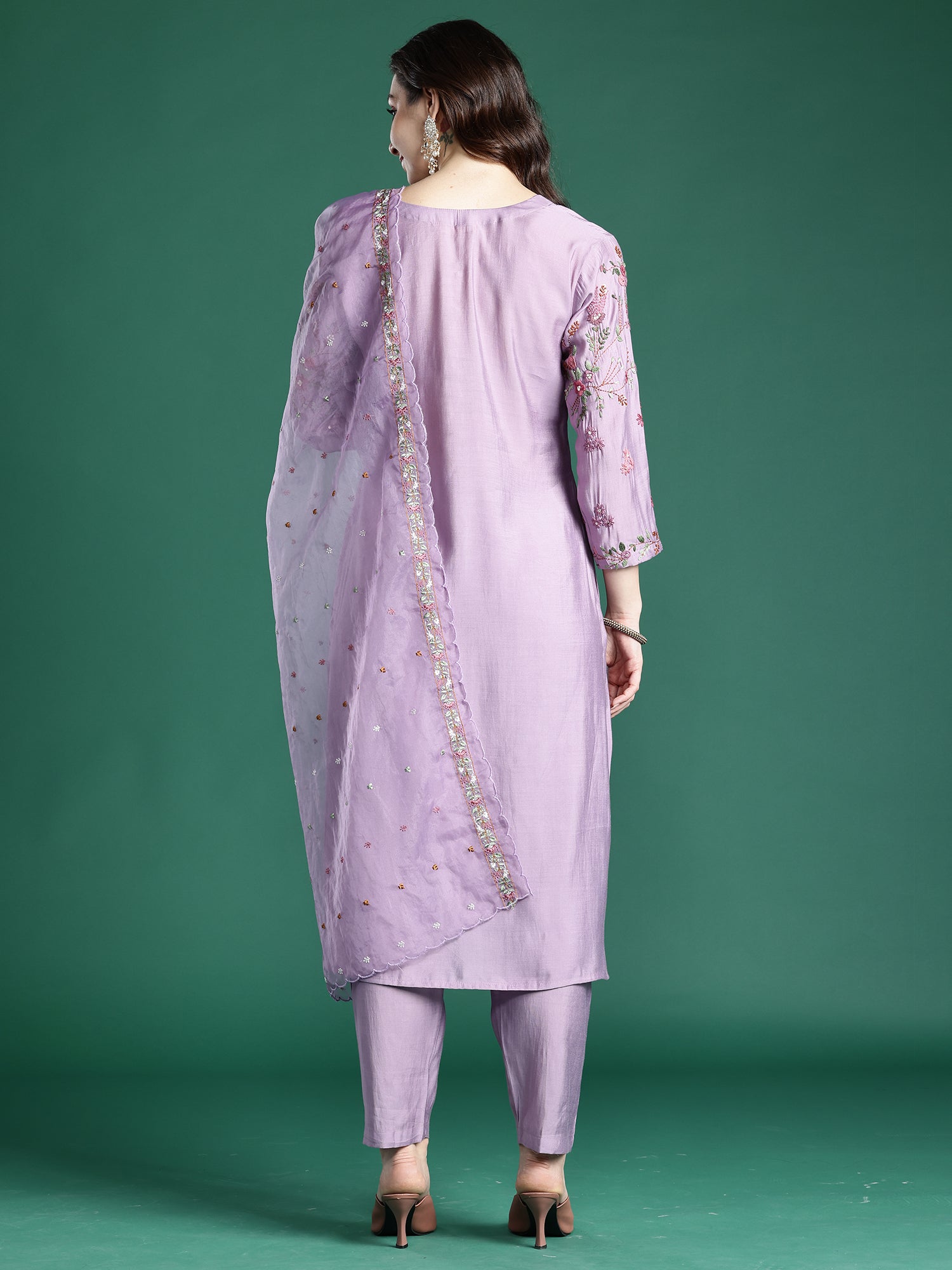 Indo era Lavender Embroidered Straight Kurta Trousers With Dupatta Set- IE