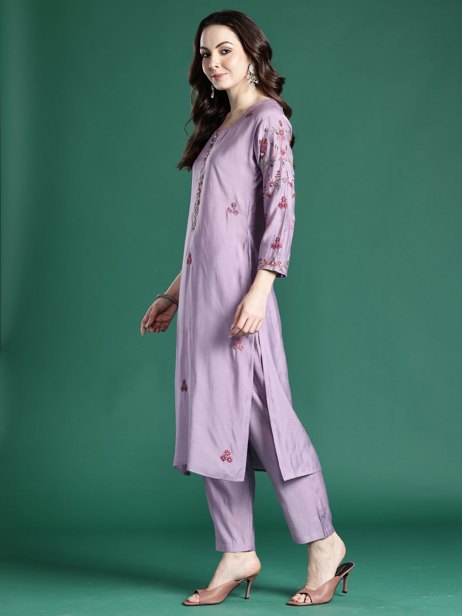 Indo era Lavender Embroidered Straight Kurta Trousers With Dupatta Set- IE