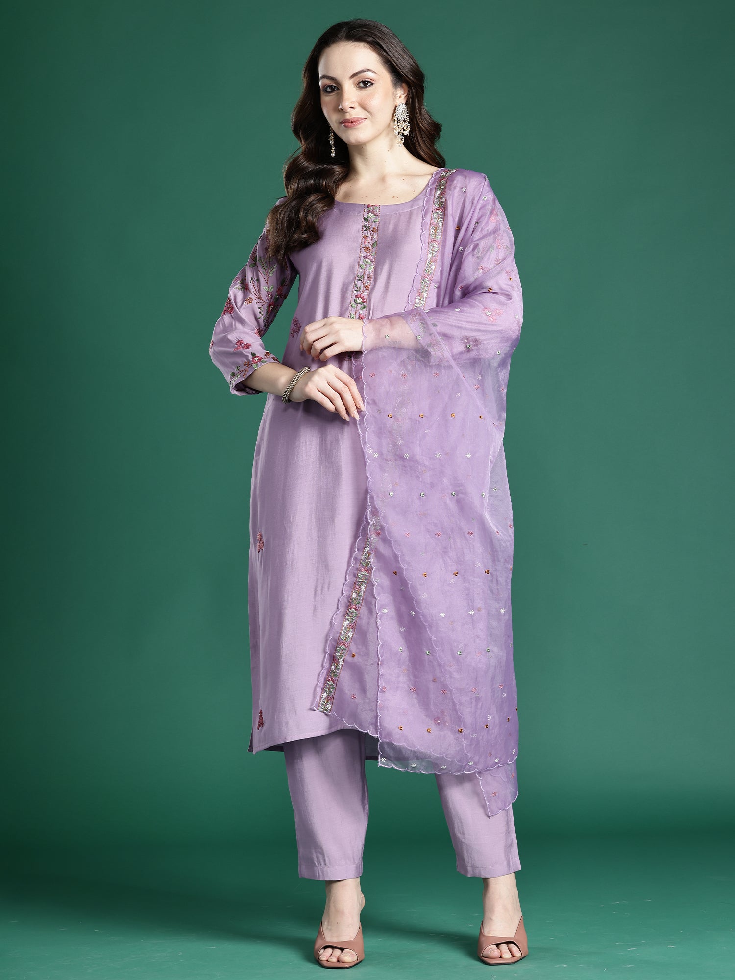 Indo era Lavender Embroidered Straight Kurta Trousers With Dupatta Set- IE