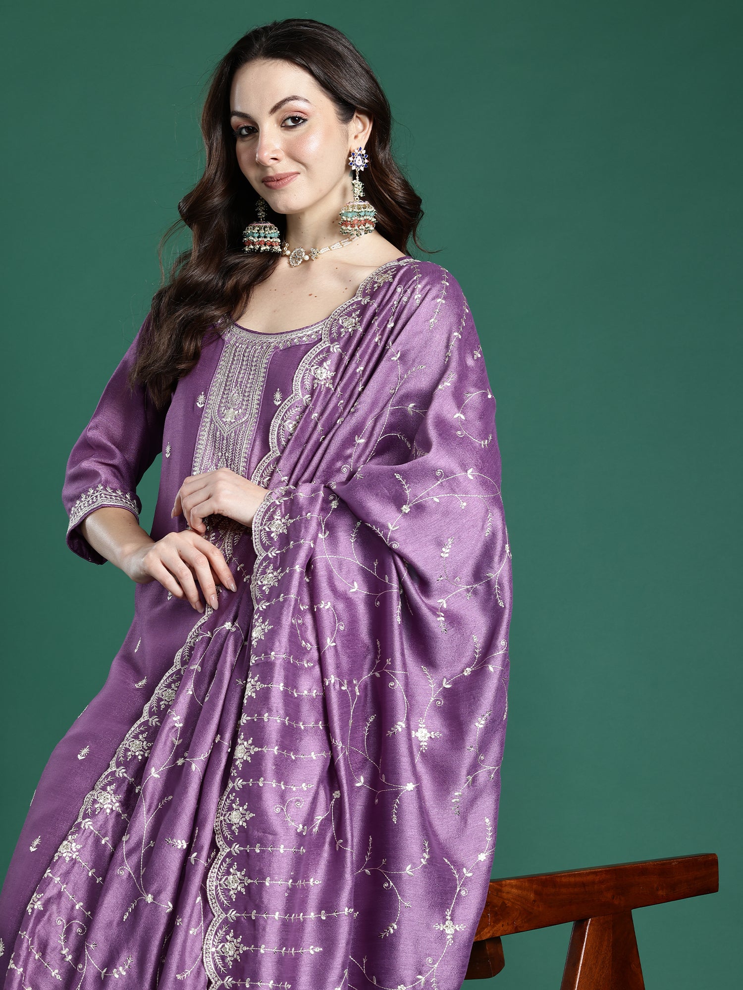 Indo era Lavender Embroidered Straight Kurta Trousers With Dupatta Set- IE