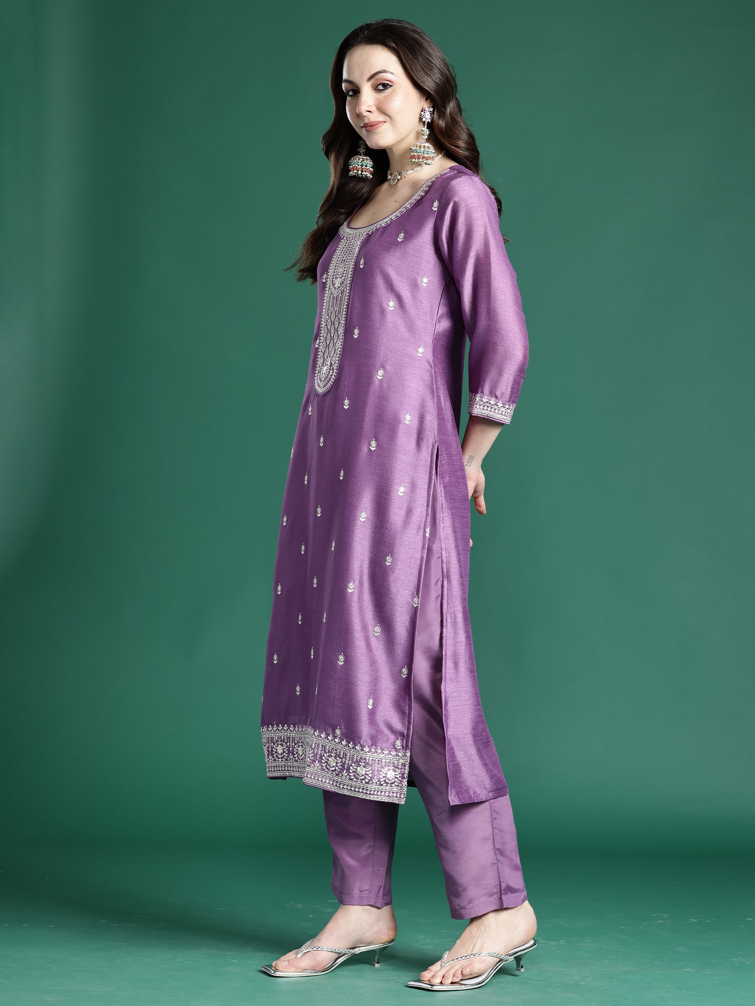 Indo era Lavender Embroidered Straight Kurta Trousers With Dupatta Set- IE