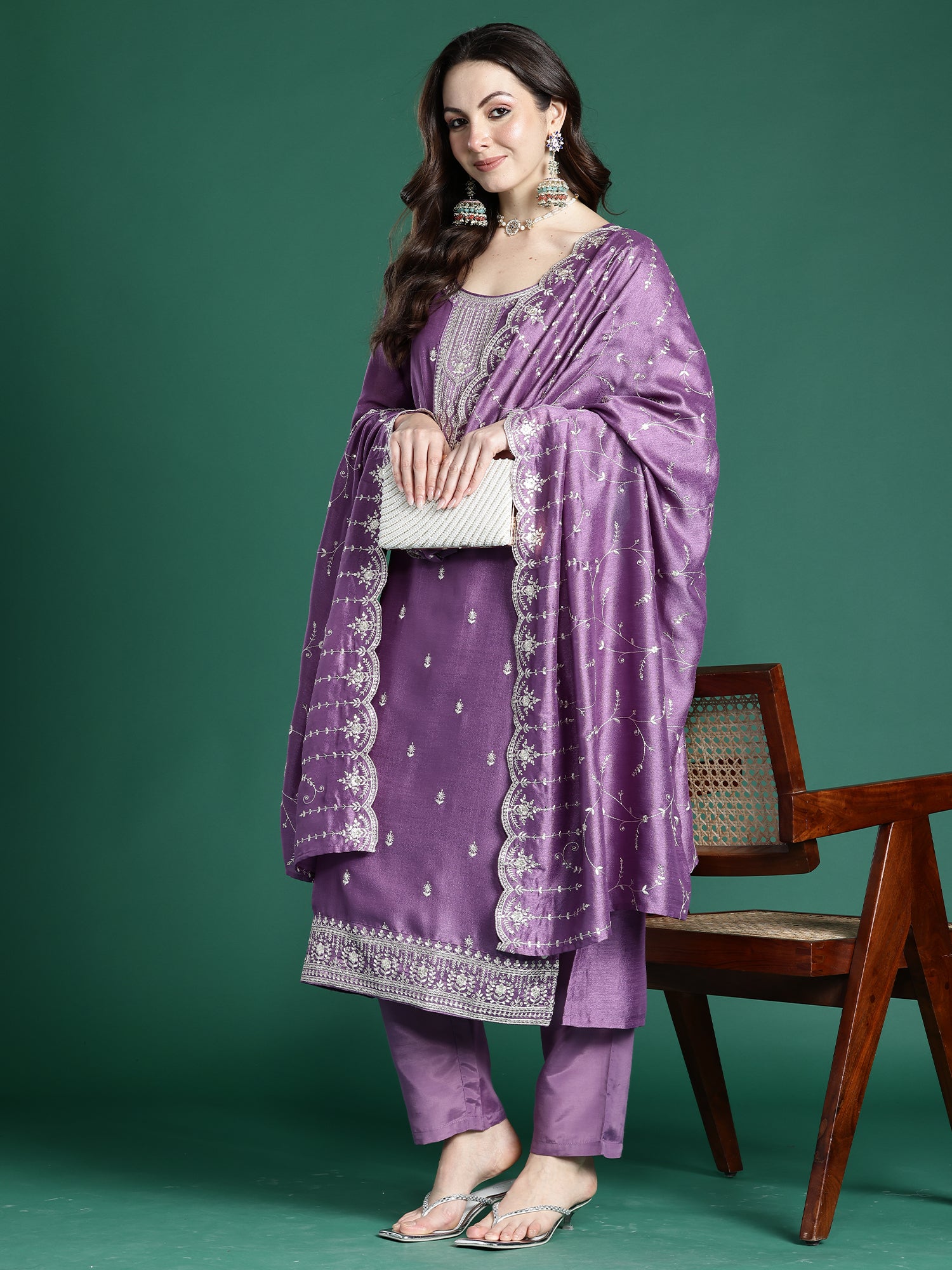 Indo era Lavender Embroidered Straight Kurta Trousers With Dupatta Set- IE