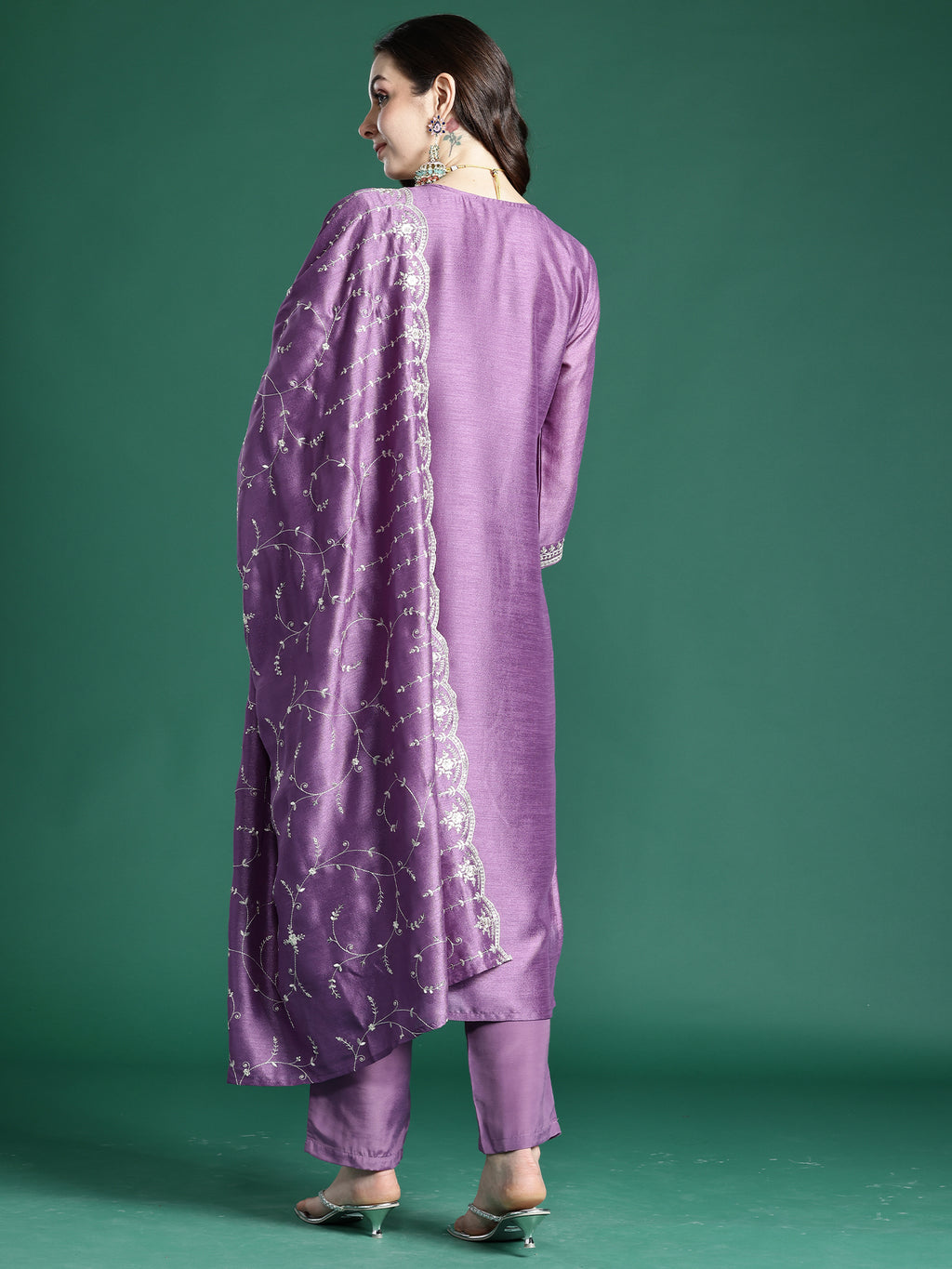 Indo era Lavender Embroidered Straight Kurta Trousers With Dupatta Set- IE