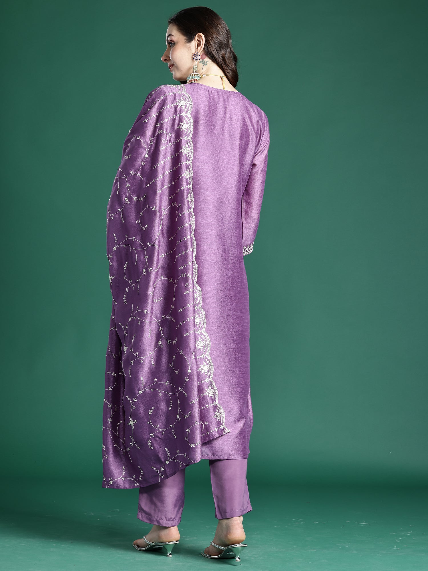 Indo era Lavender Embroidered Straight Kurta Trousers With Dupatta Set- IE