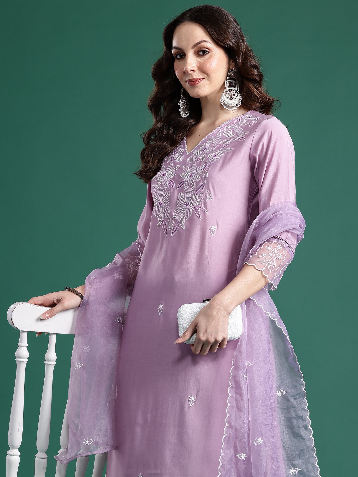 Indo Era Lavender Embroidered Straight Kurta Trousers With Dupatta set- IE