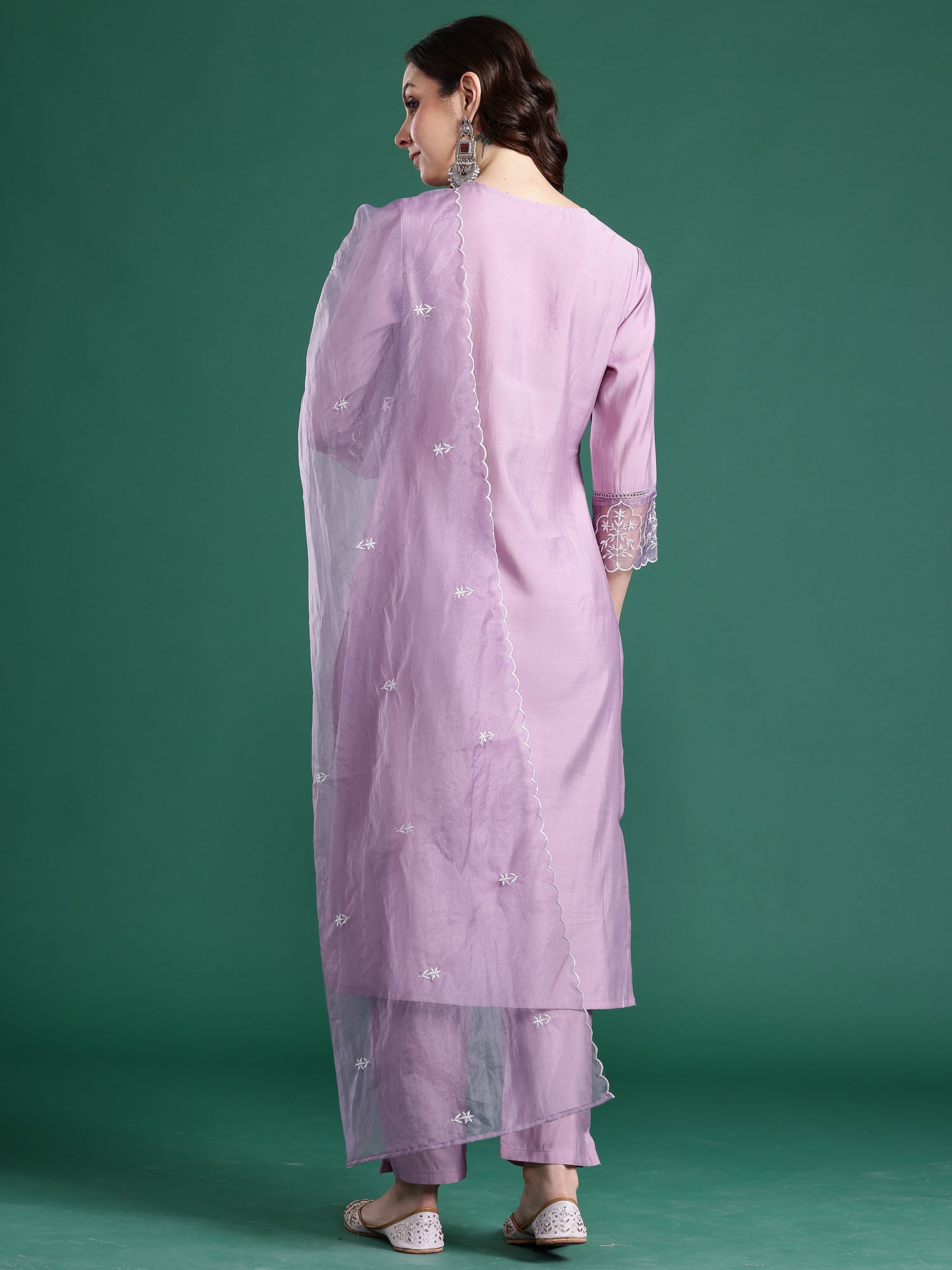 Indo Era Lavender Embroidered Straight Kurta Trousers With Dupatta set- IE