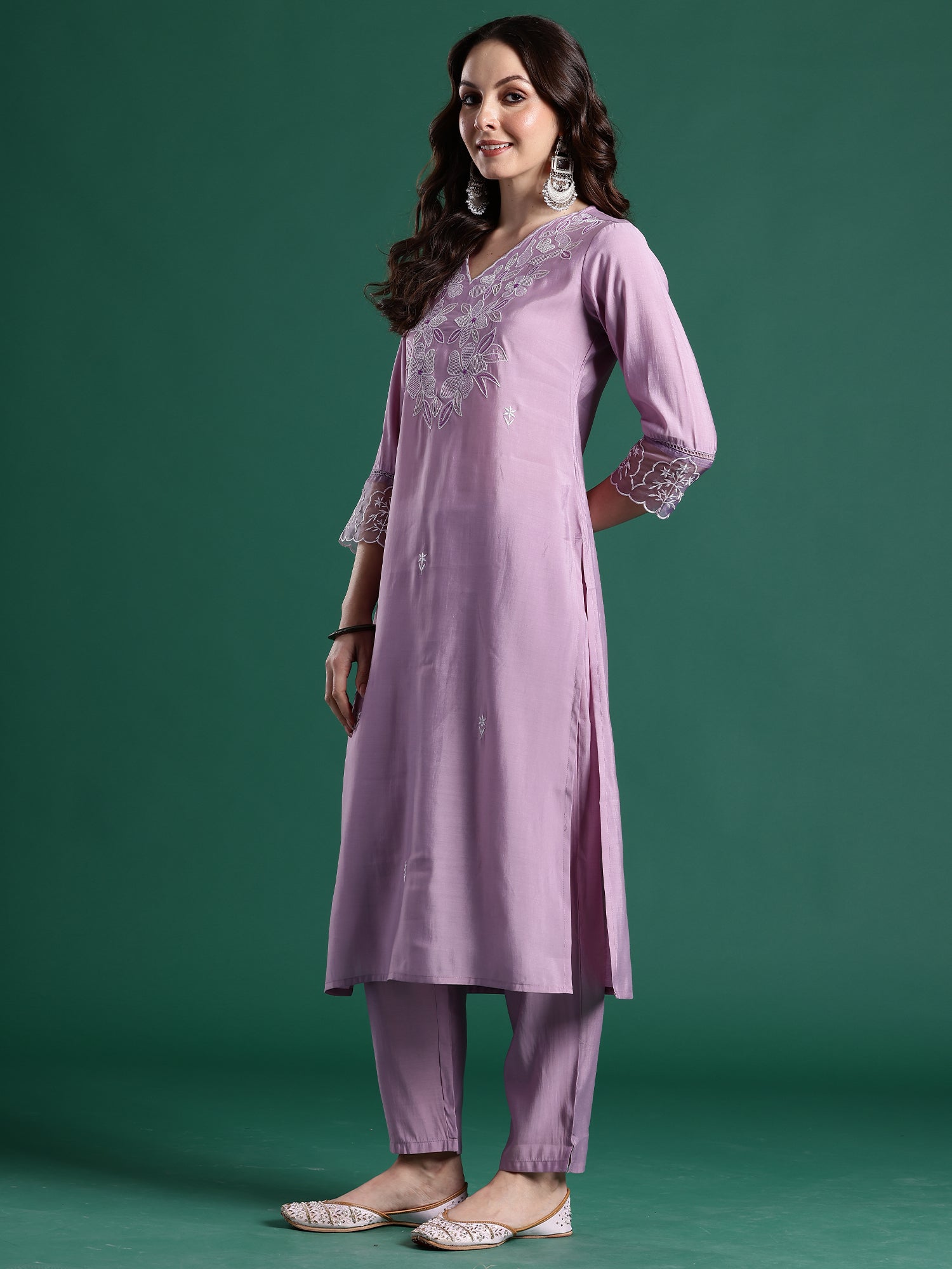 Indo Era Lavender Embroidered Straight Kurta Trousers With Dupatta set- IE