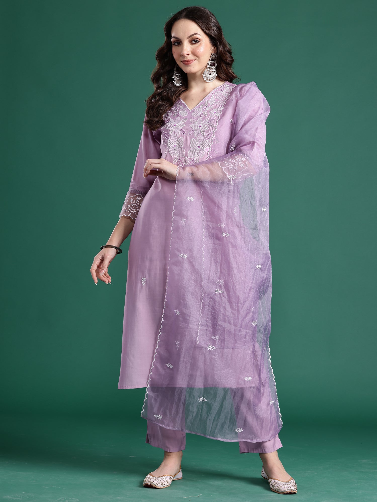 Indo Era Lavender Embroidered Straight Kurta Trousers With Dupatta set- IE