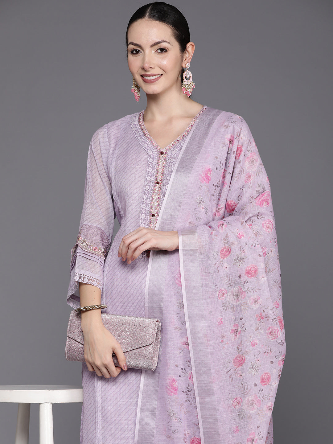 Lavender Embroidered Straight Kurta Trousers With Dupatta Set