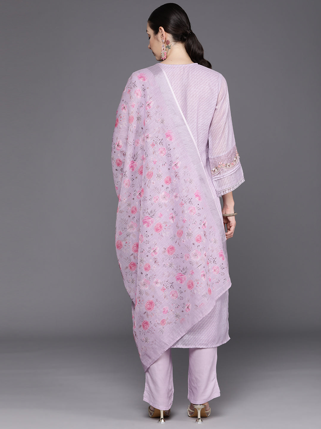 Lavender Embroidered Straight Kurta Trousers With Dupatta Set