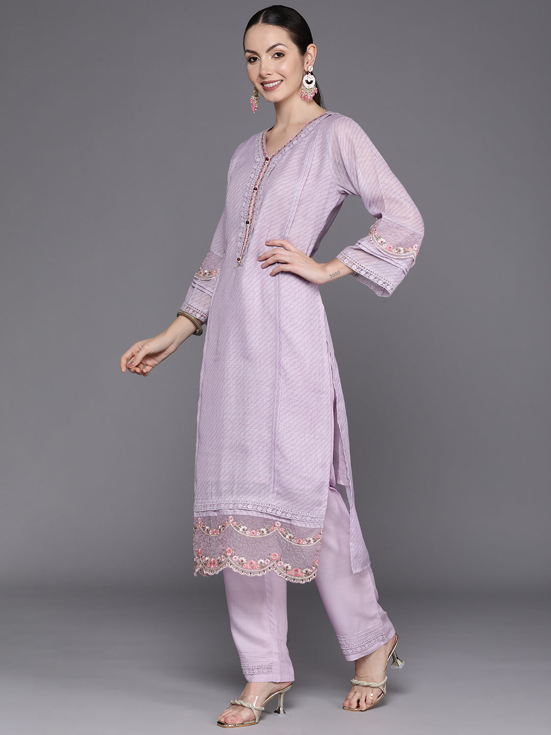 Lavender Embroidered Straight Kurta Trousers With Dupatta Set