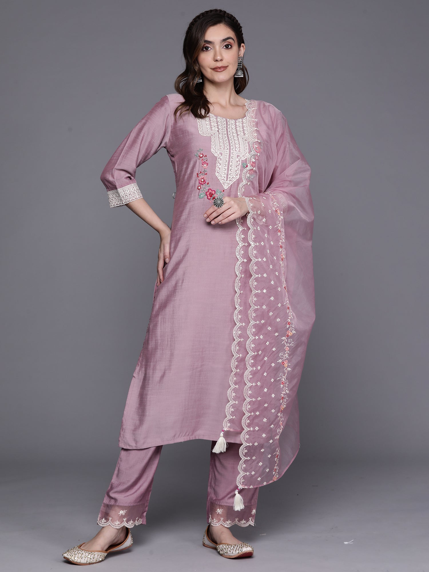 Lavender Embroidered Straight  Kurta Trousers With Dupatta Set