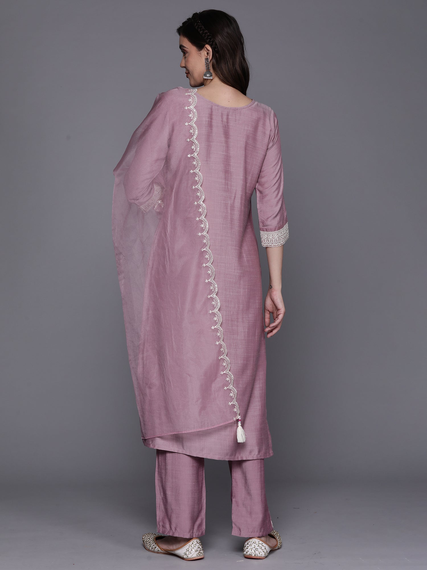 Lavender Embroidered Straight  Kurta Trousers With Dupatta Set