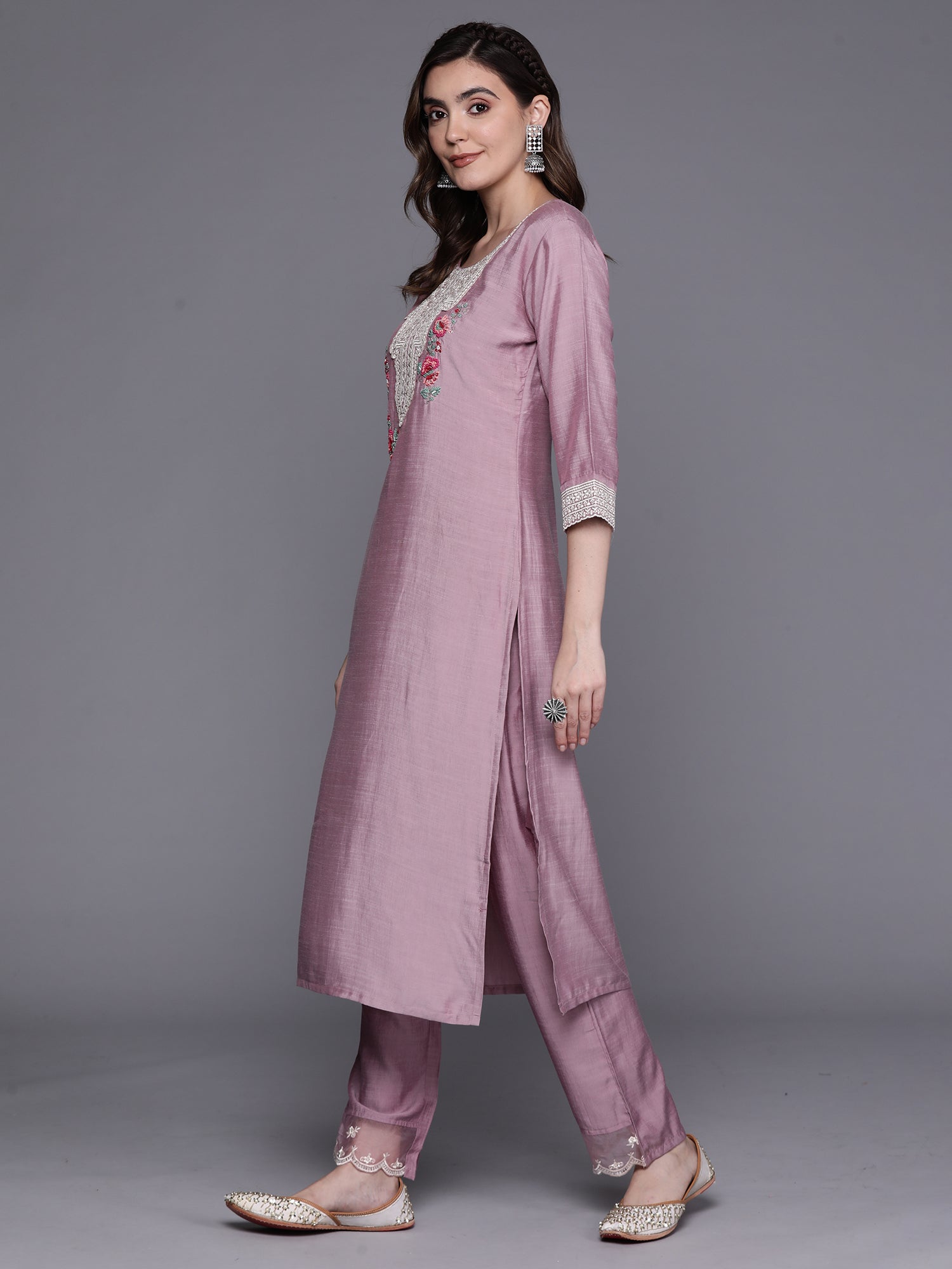 Lavender Embroidered Straight  Kurta Trousers With Dupatta Set