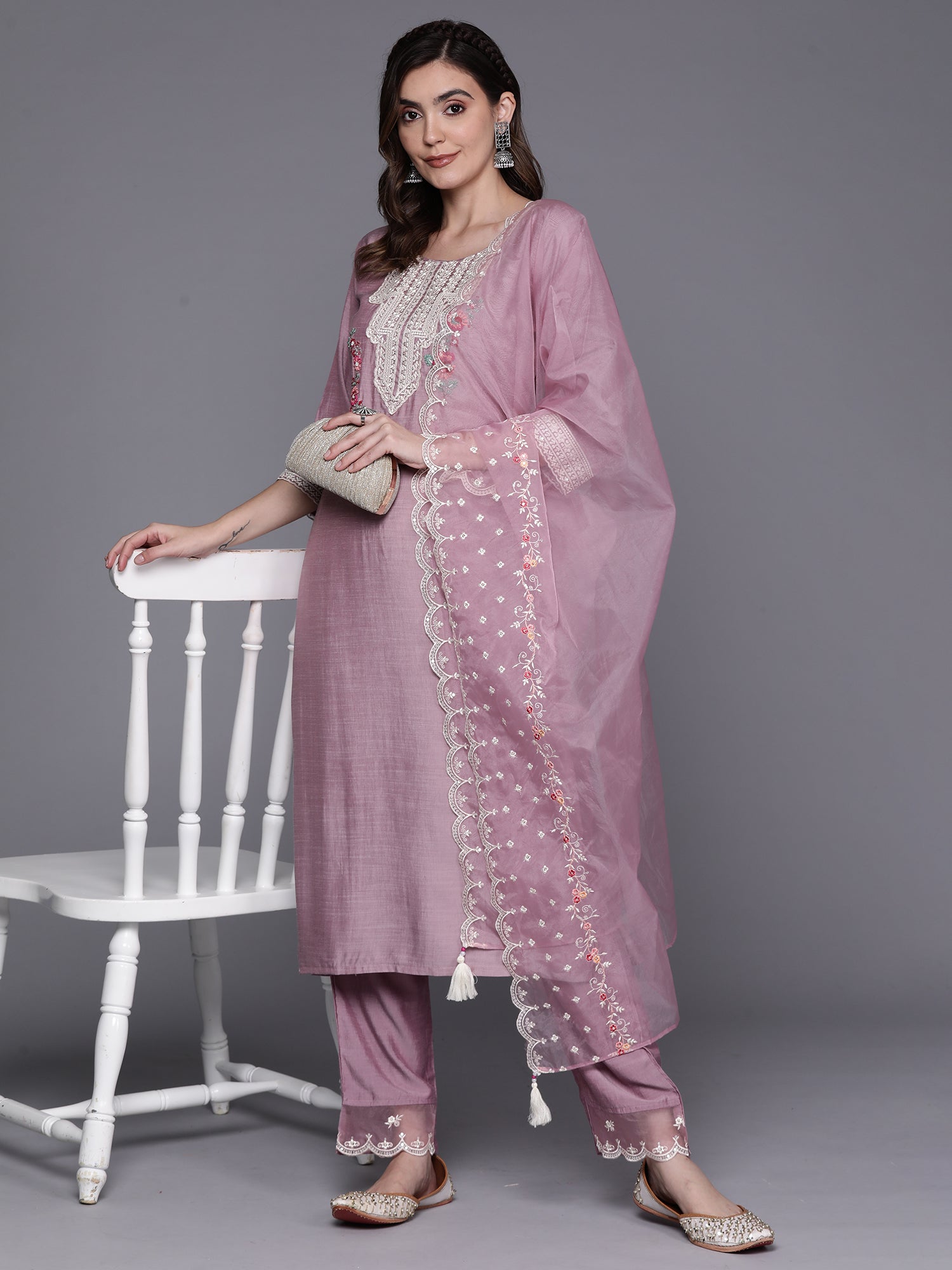 Lavender Embroidered Straight  Kurta Trousers With Dupatta Set