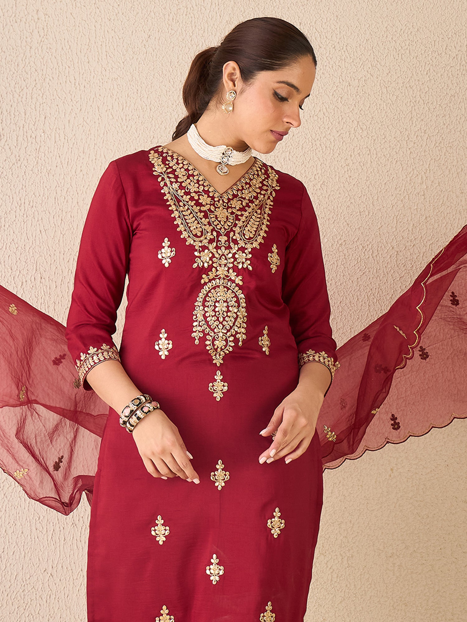 Indo Era Maroon Embroidered Straight Kurta Trousers With Dupatta Set- IE
