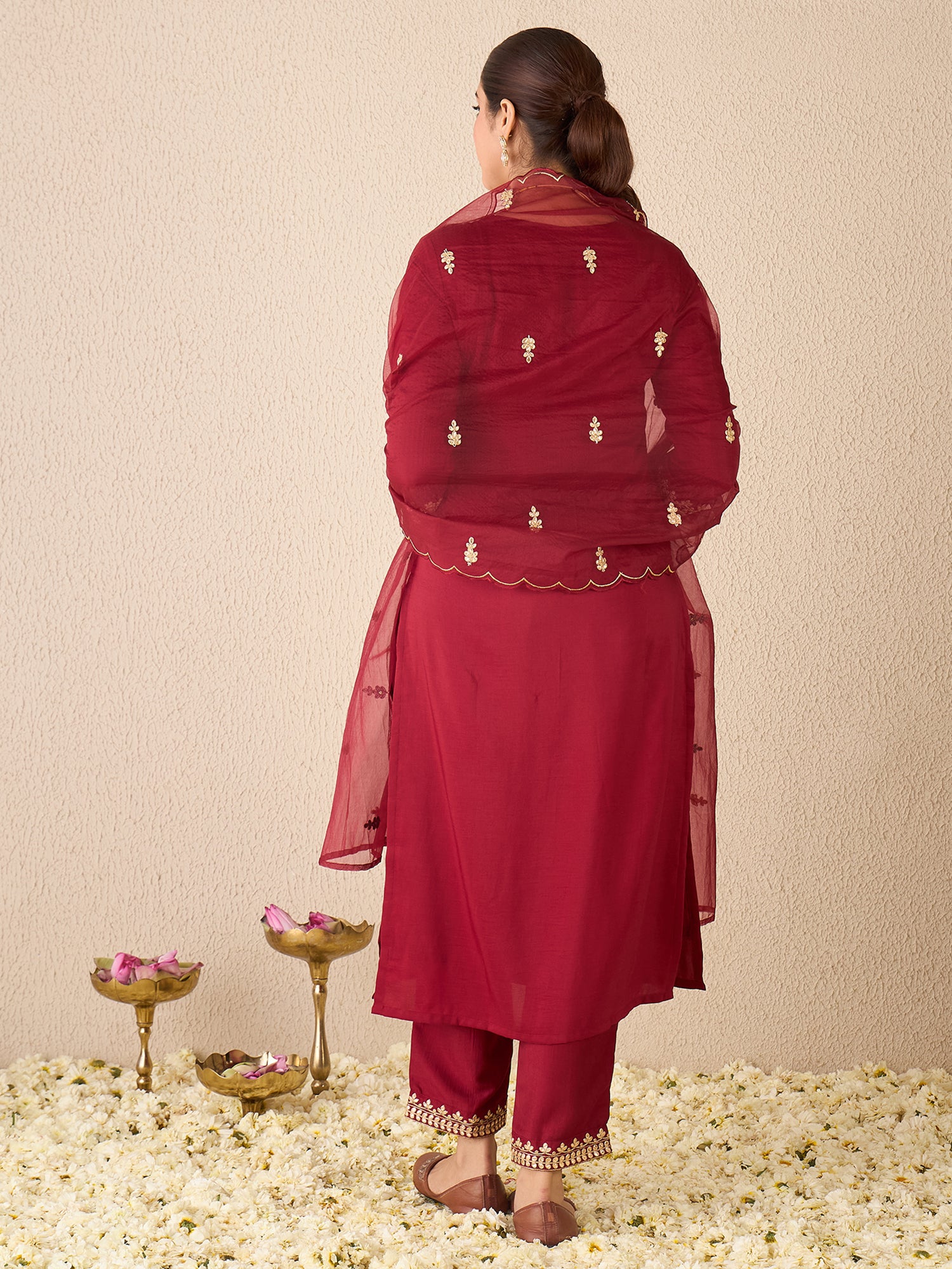 Indo Era Maroon Embroidered Straight Kurta Trousers With Dupatta Set- IE