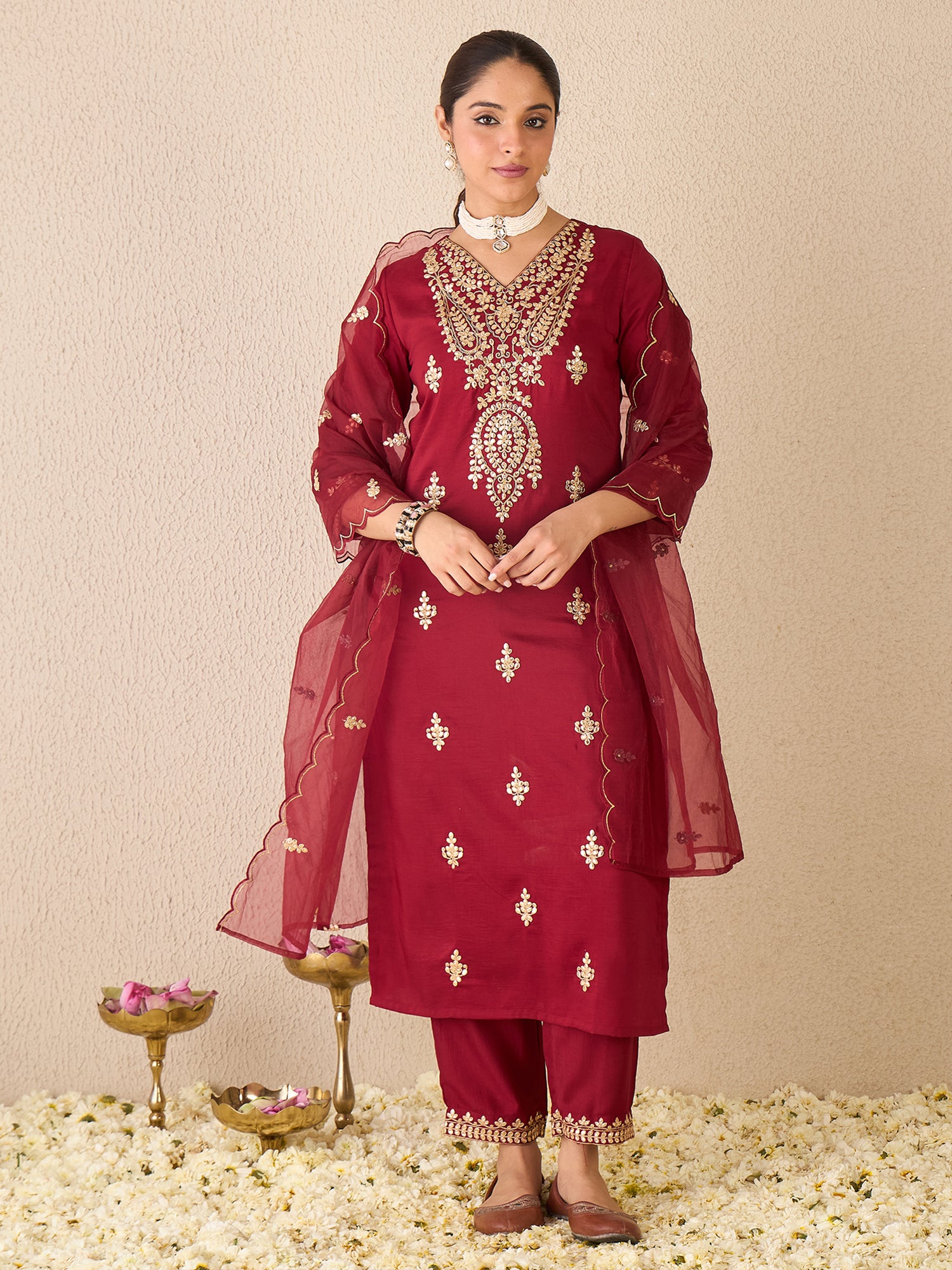 Indo Era Maroon Embroidered Straight Kurta Trousers With Dupatta Set- IE