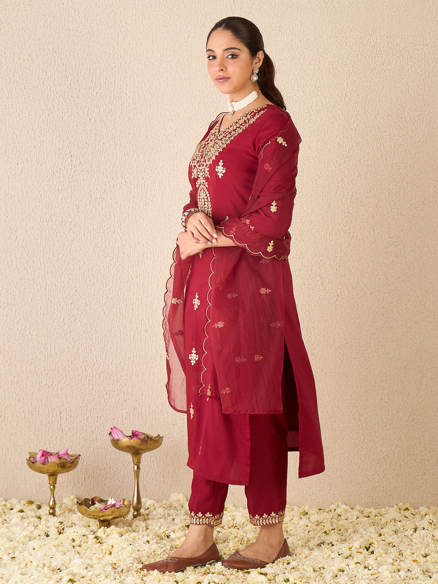 Indo Era Maroon Embroidered Straight Kurta Trousers With Dupatta Set- IE