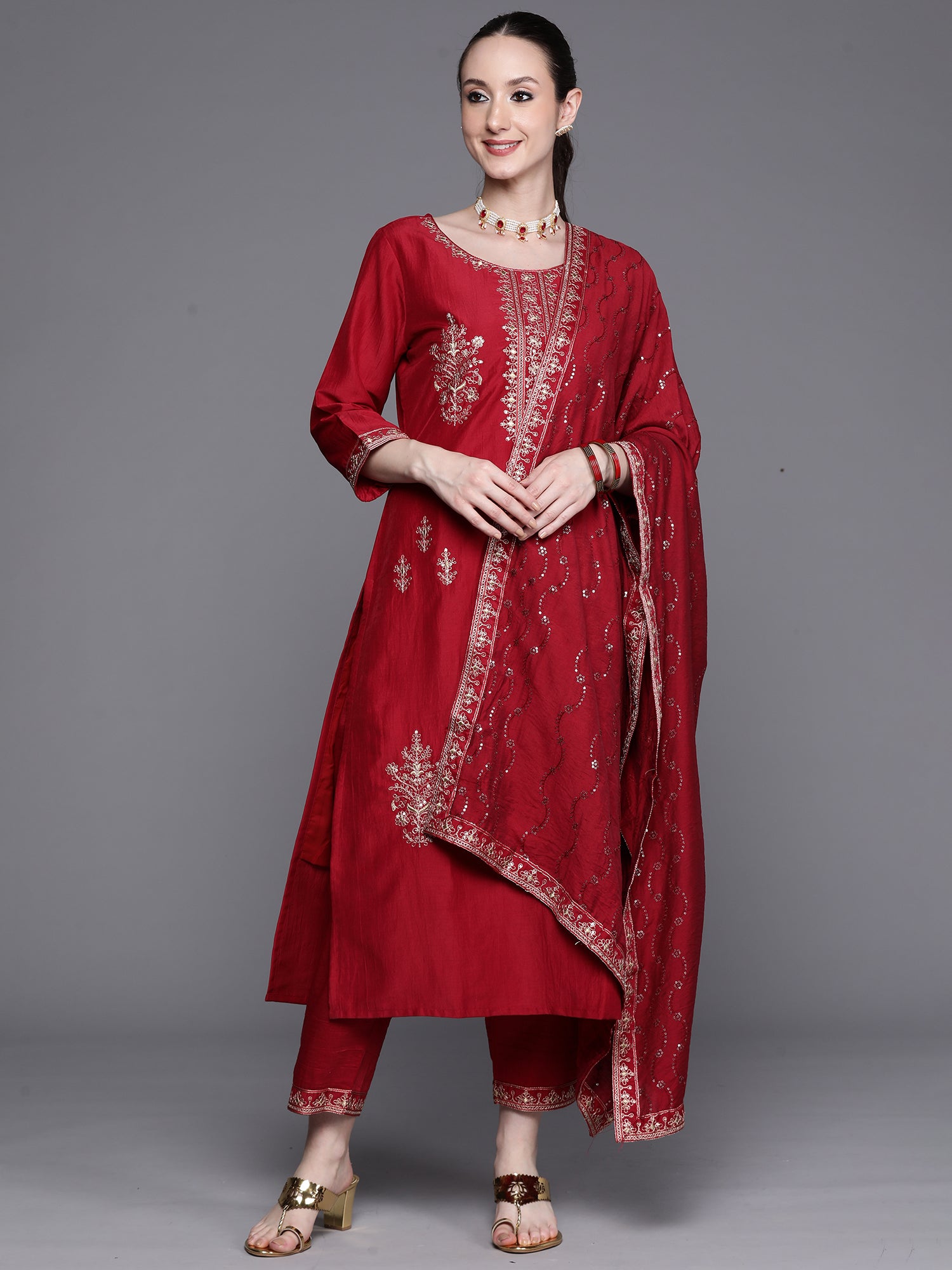 Maroon Embroidered Ethnic Straight Kurta Trousers With Dupatta Set