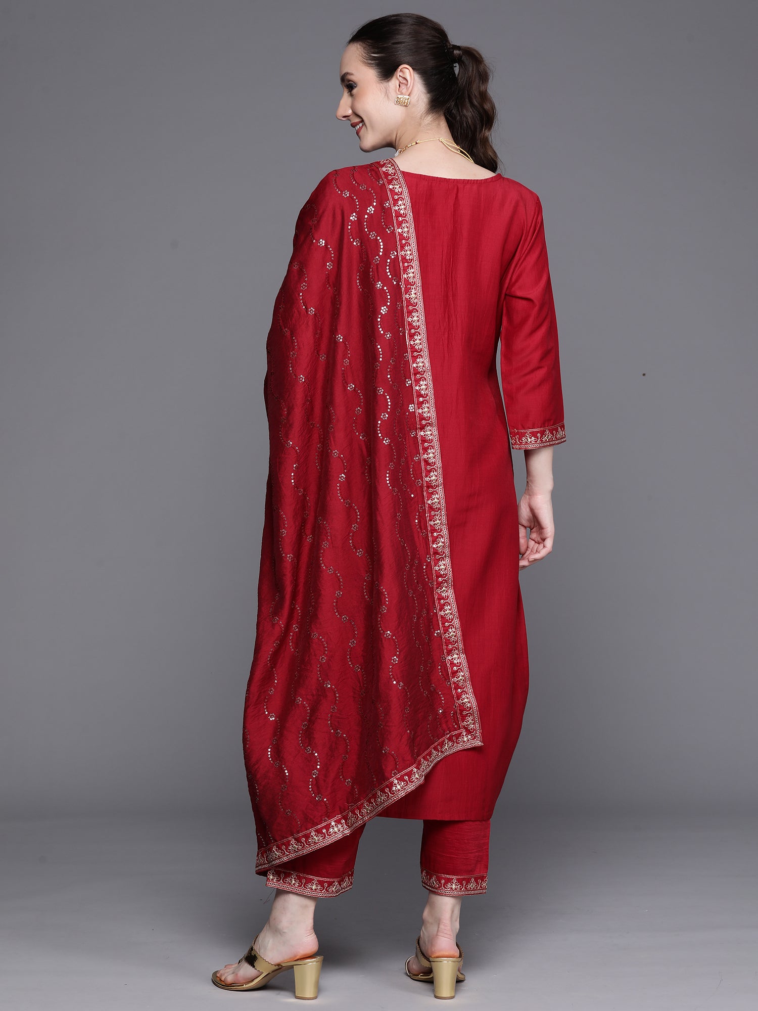 Maroon Embroidered Ethnic Straight Kurta Trousers With Dupatta Set