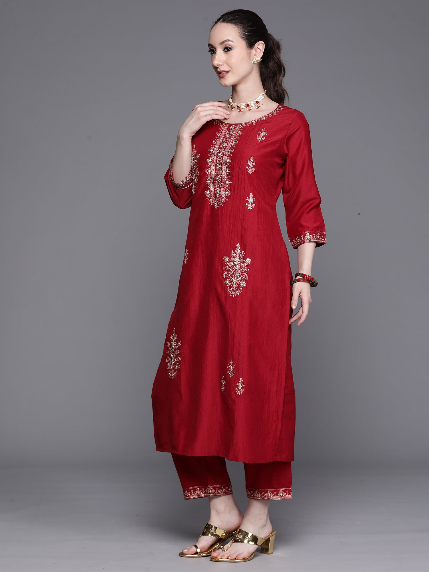 Maroon Embroidered Ethnic Straight Kurta Trousers With Dupatta Set