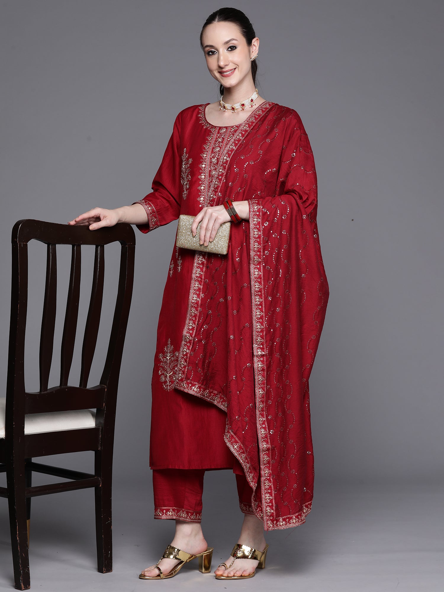 Maroon Embroidered Ethnic Straight Kurta Trousers With Dupatta Set