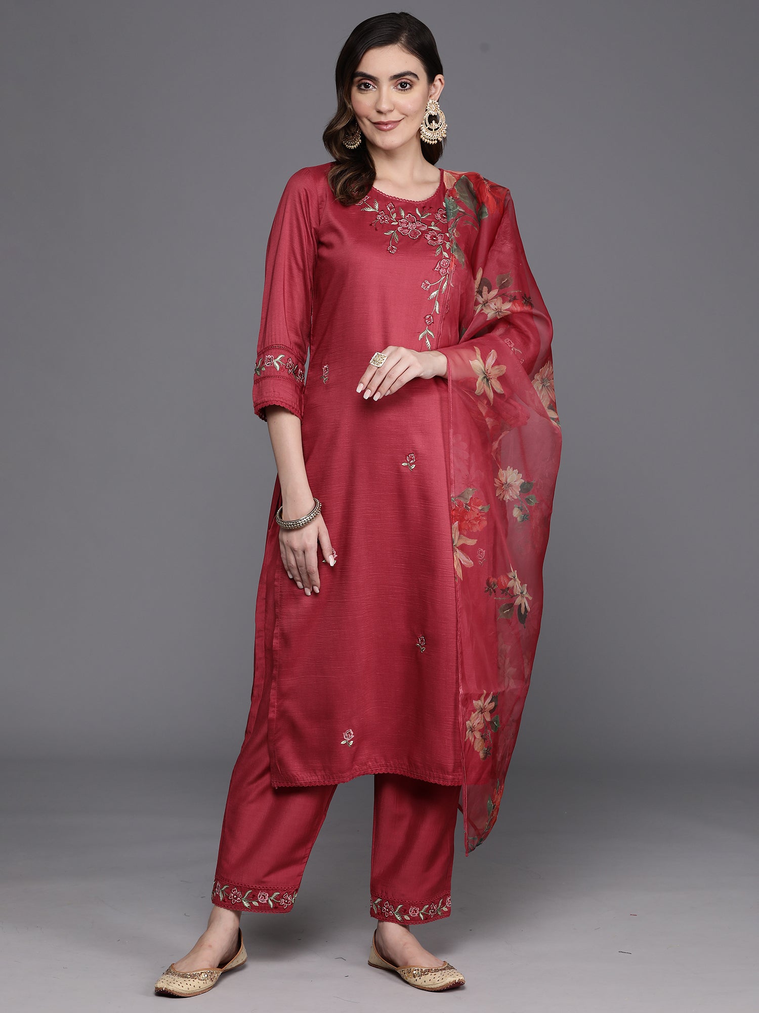 Maroon Embroidered Straight Kurta Trousers With Dupatta Set