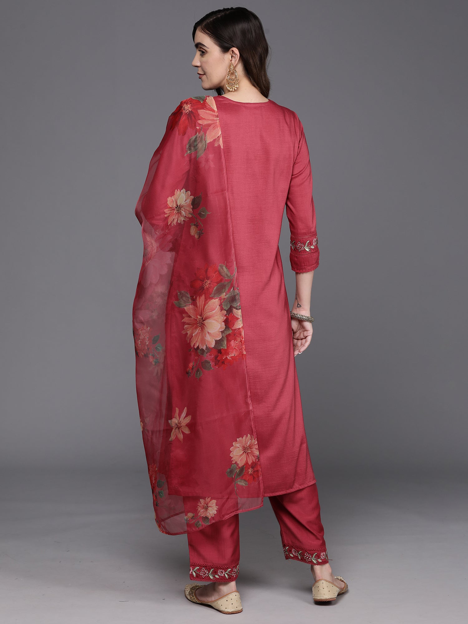 Maroon Embroidered Straight Kurta Trousers With Dupatta Set