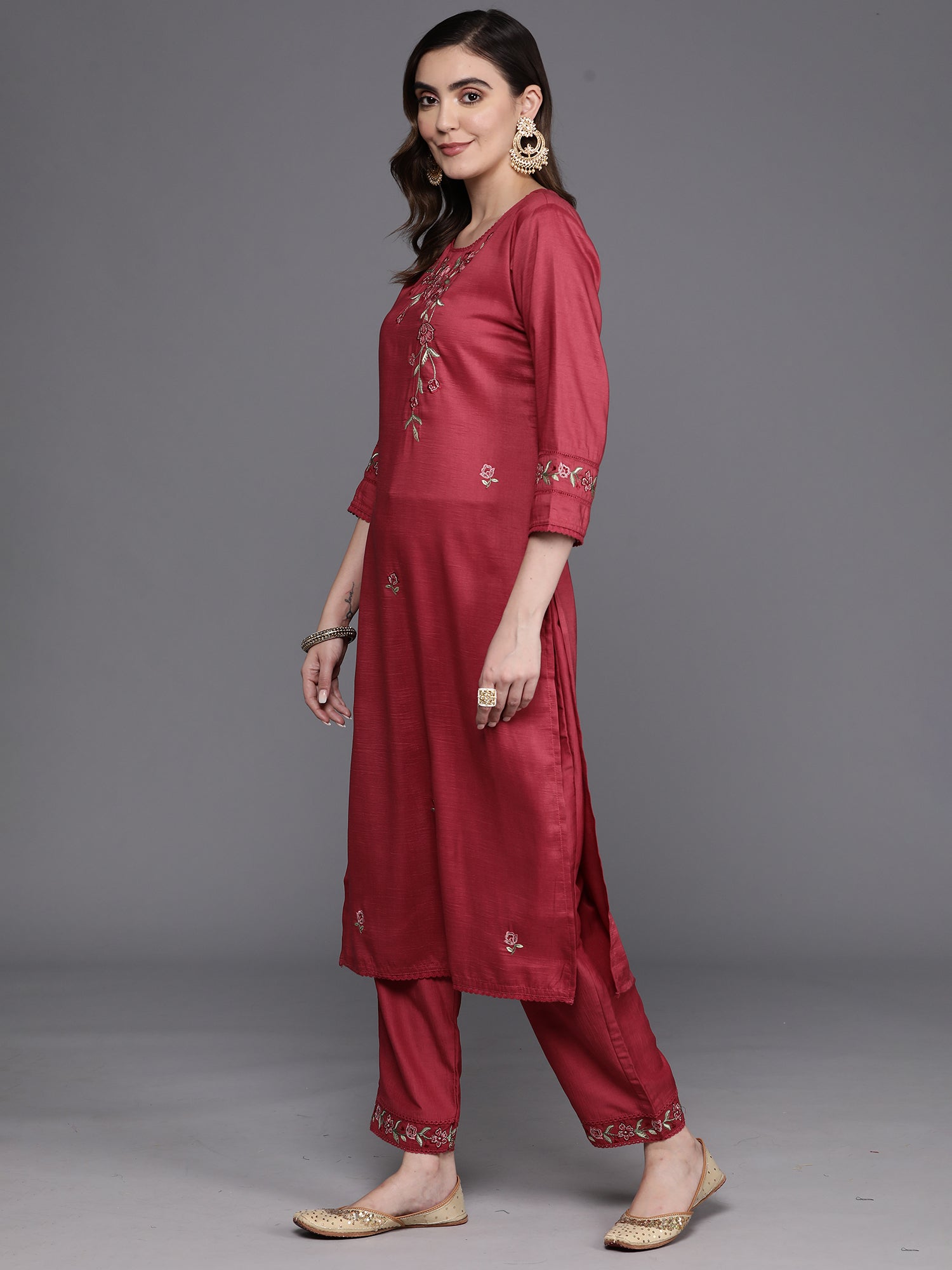 Maroon Embroidered Straight Kurta Trousers With Dupatta Set