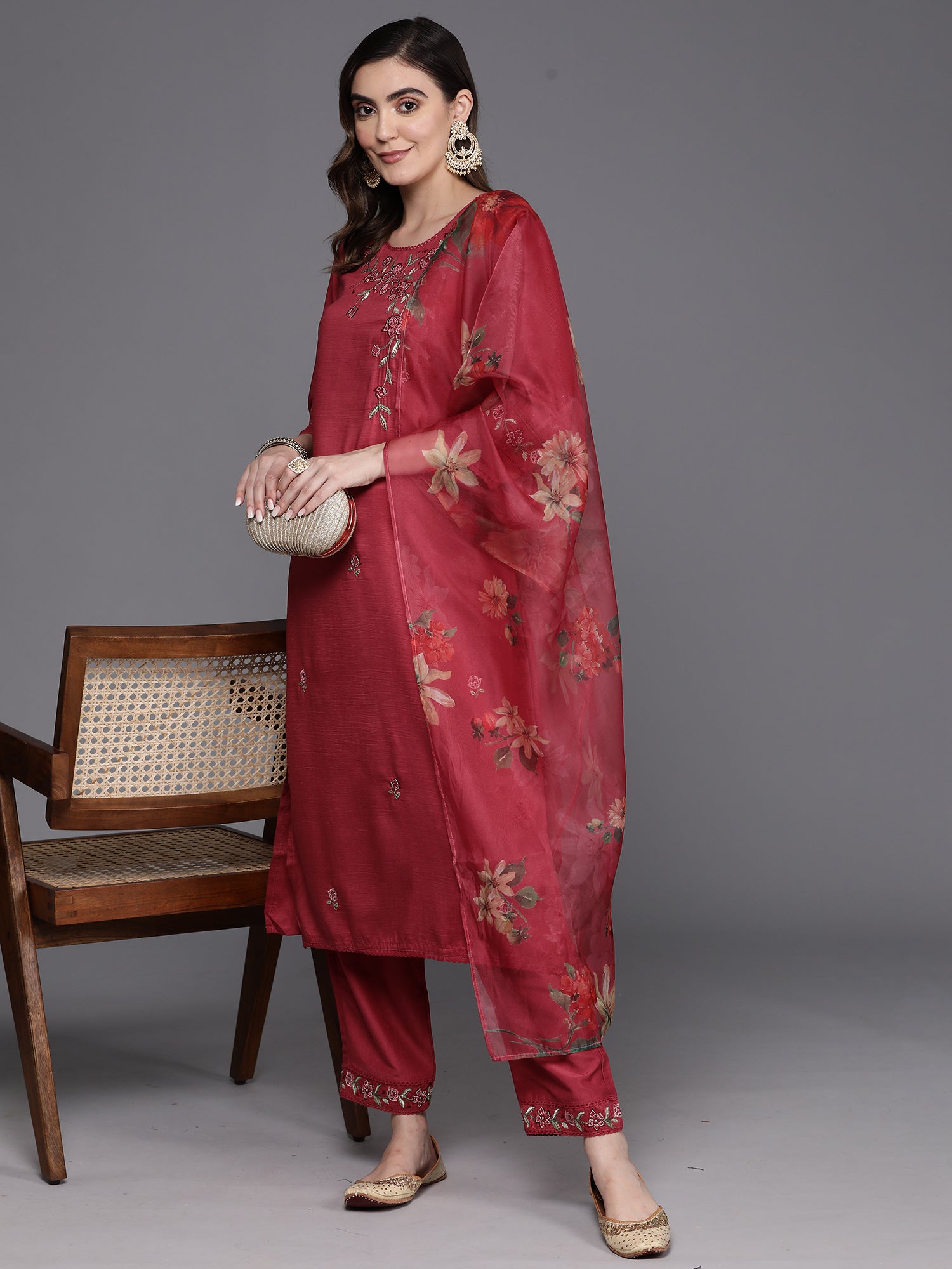 Maroon Embroidered Straight Kurta Trousers With Dupatta Set