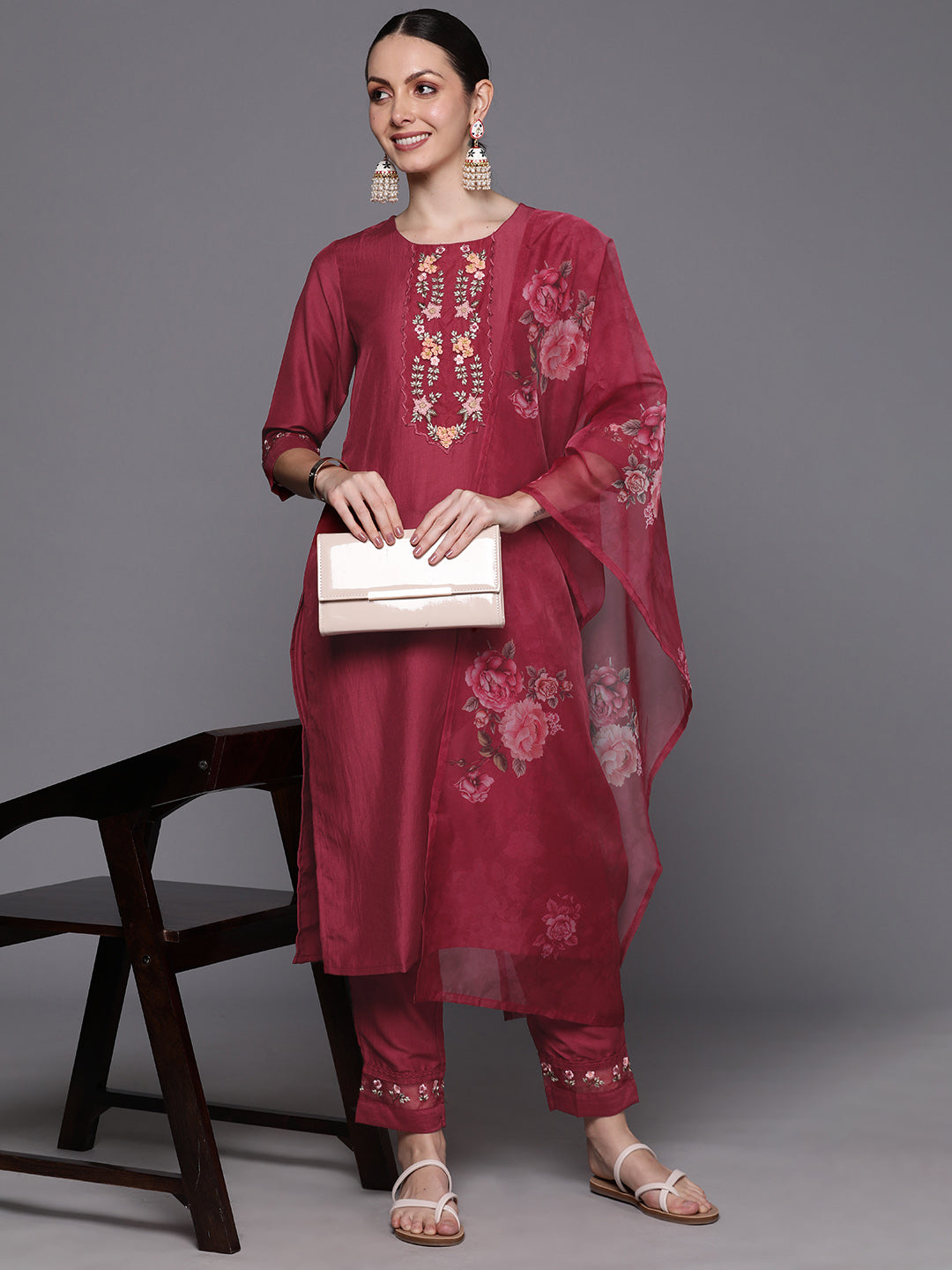 Maroon Embroidered Straight Kurta Trousers With Dupatta  Set