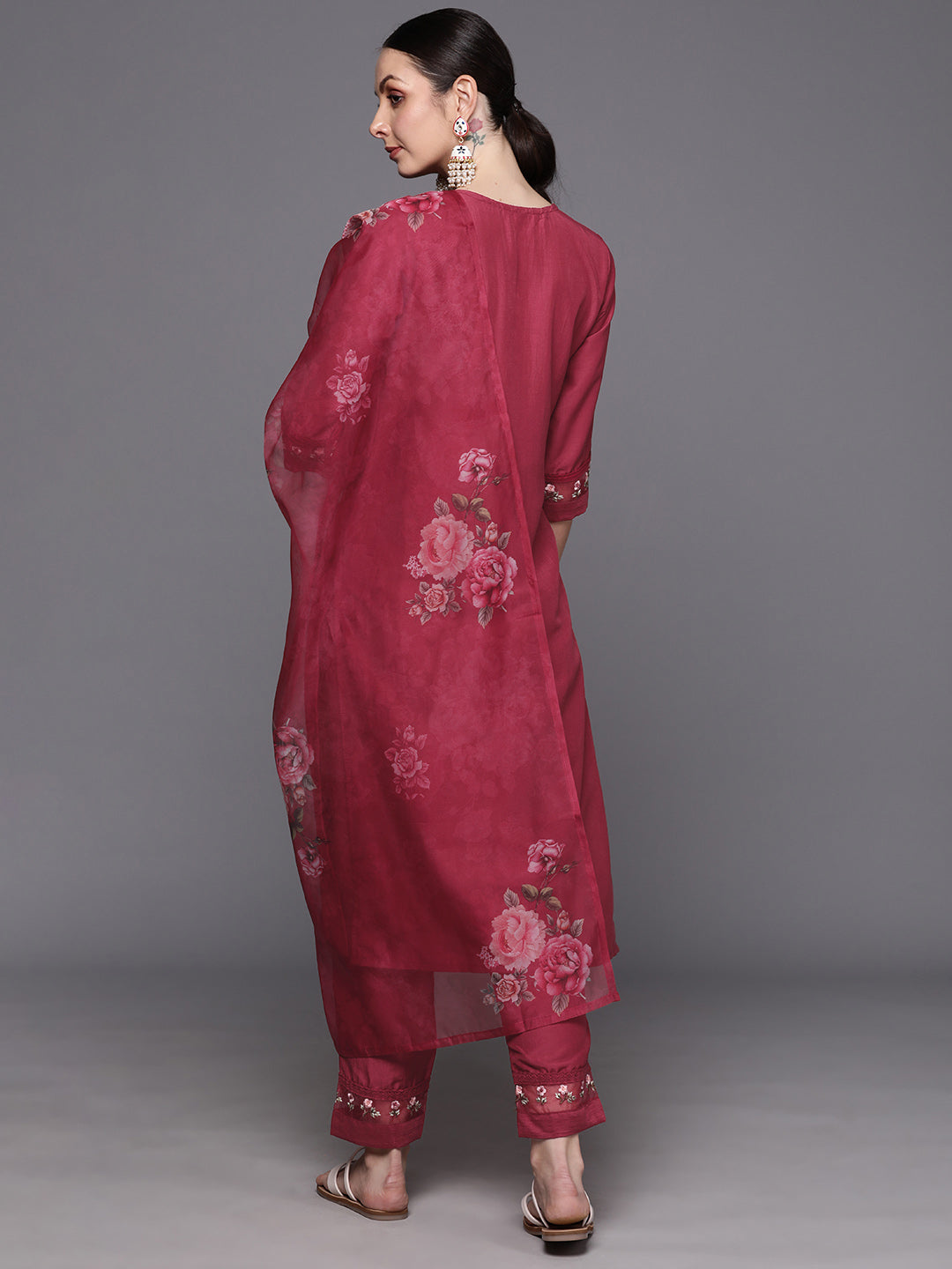 Maroon Embroidered Straight Kurta Trousers With Dupatta  Set