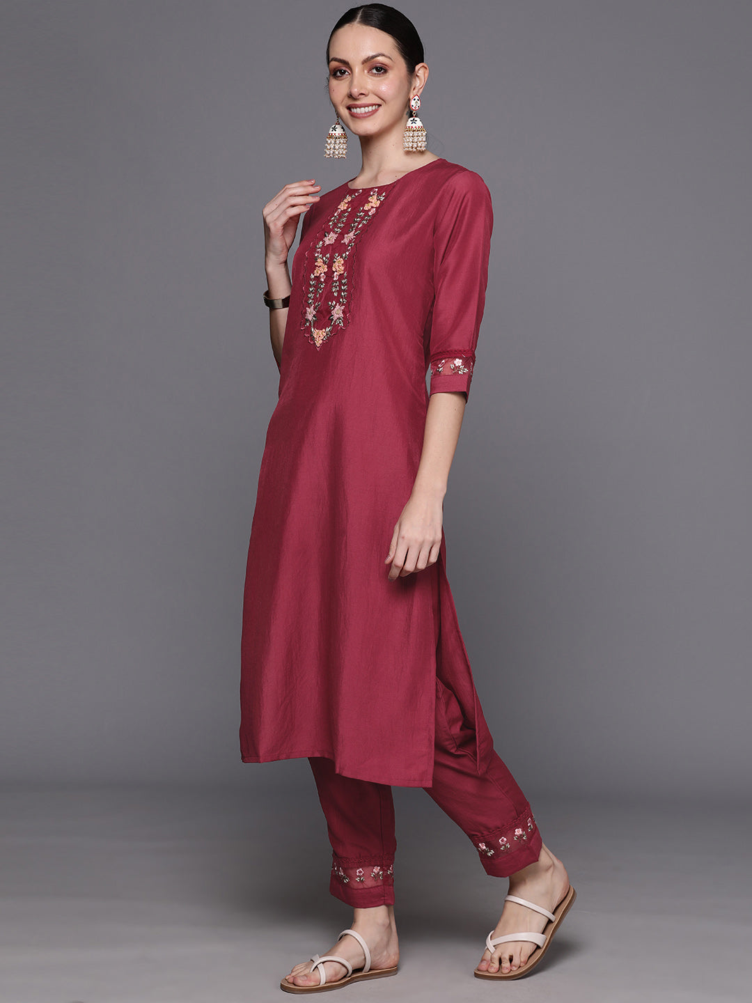 Maroon Embroidered Straight Kurta Trousers With Dupatta  Set