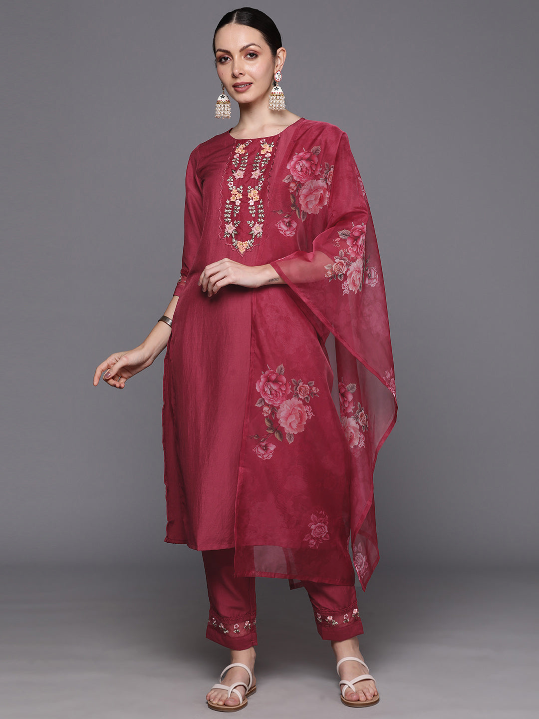 Maroon Embroidered Straight Kurta Trousers With Dupatta  Set