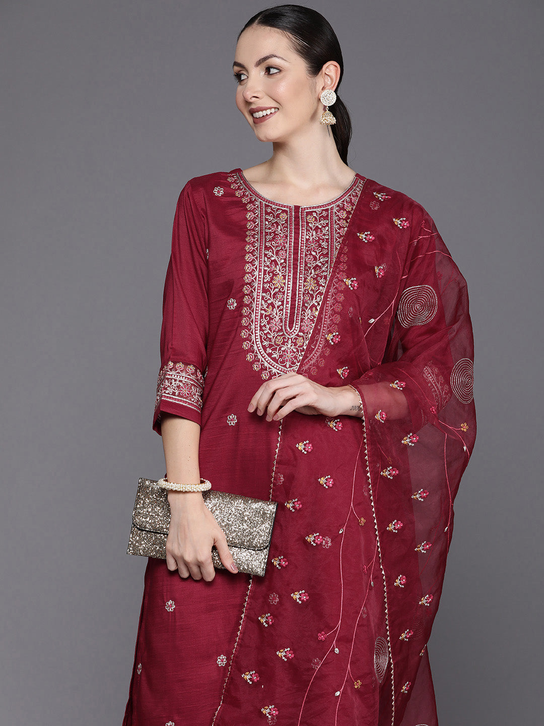 Maroon Embroidered Straight Kurta Trousers With Dupatta Set