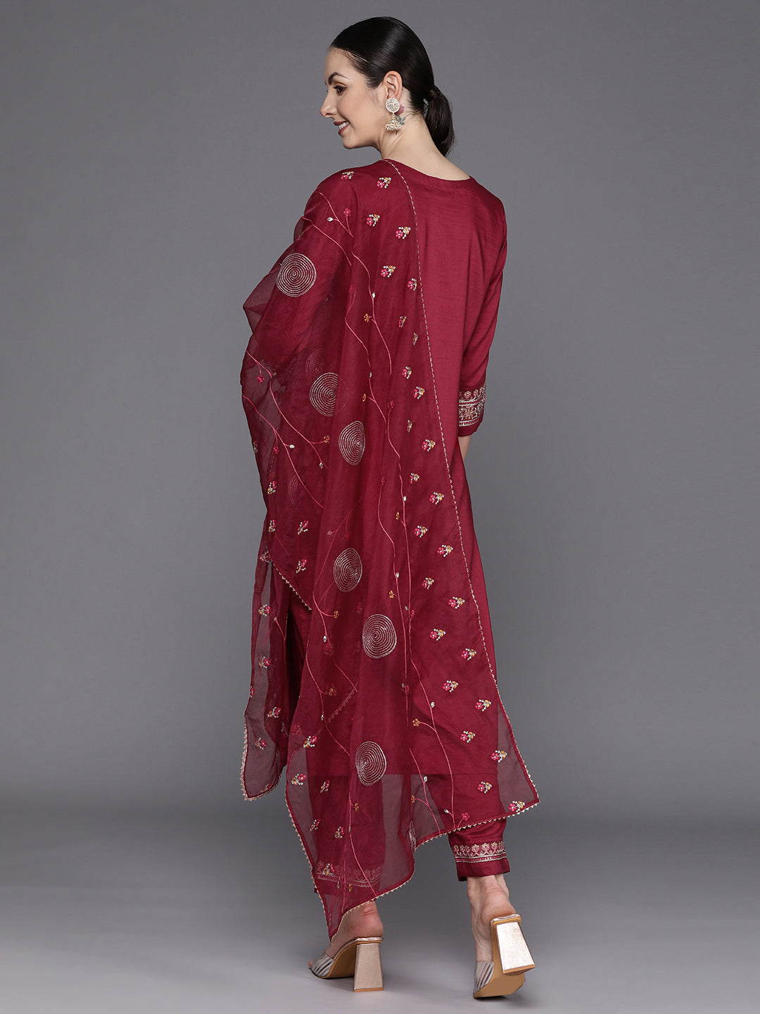 Maroon Embroidered Straight Kurta Trousers With Dupatta Set