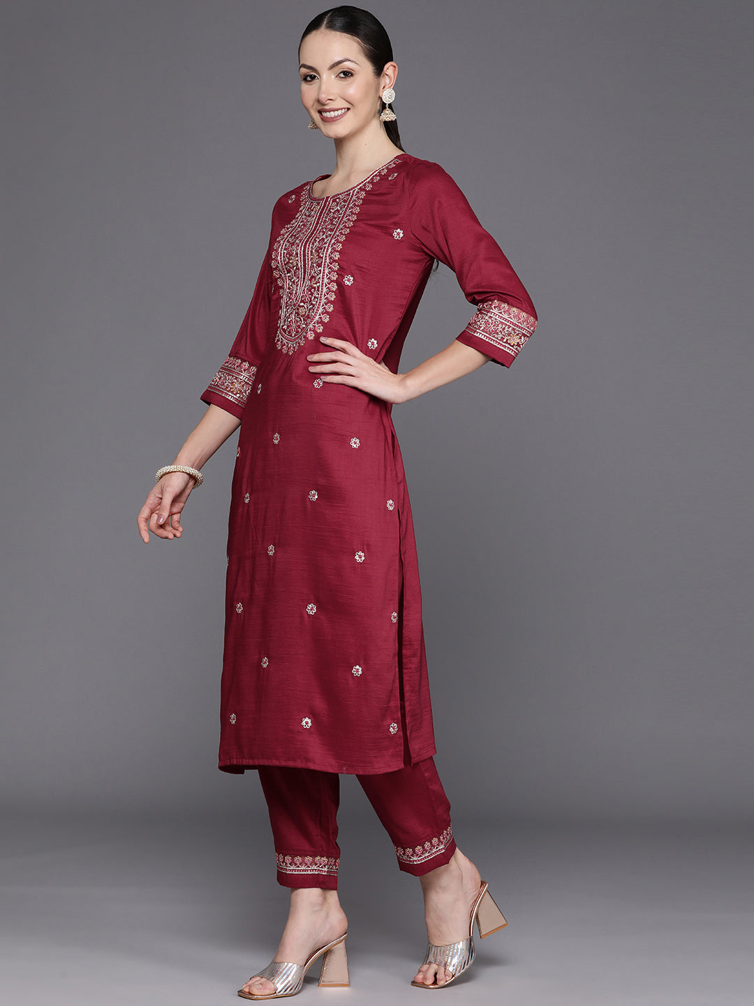 Maroon Embroidered Straight Kurta Trousers With Dupatta Set