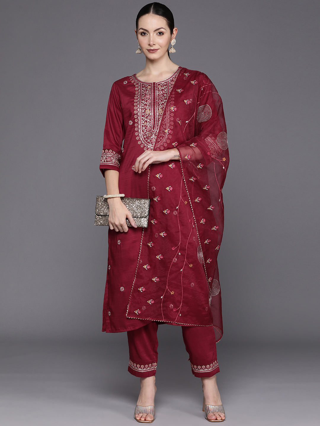 Maroon Embroidered Straight Kurta Trousers With Dupatta Set