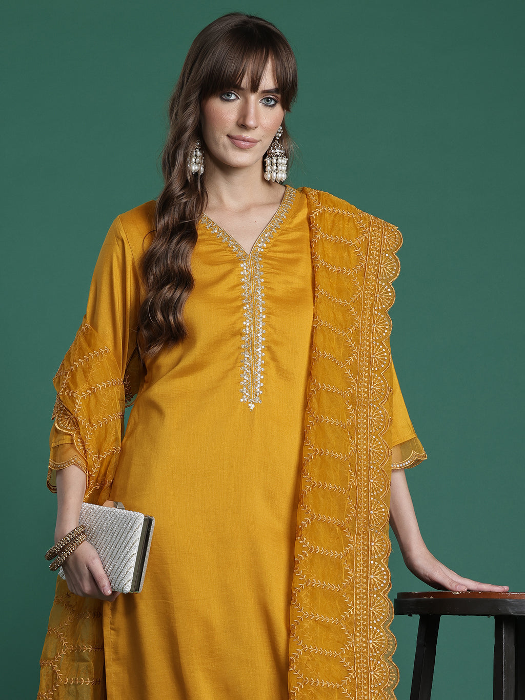 Indo Era Mustard Embroidered Straight Kurta Trousers With Dupatta Set- IE